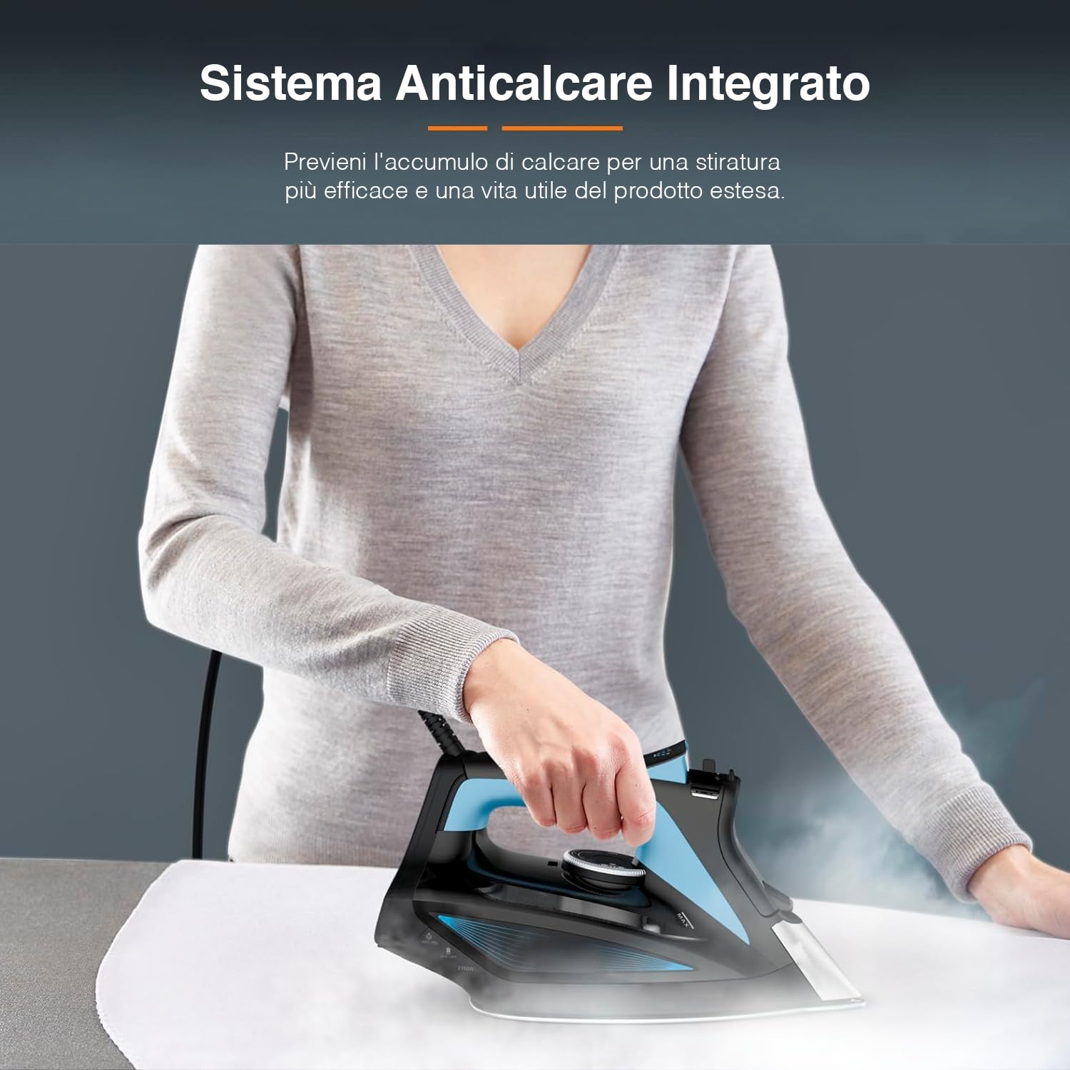 Ferro da Stiro con Piastra Ceramica e Colpo Vapore - con Flusso Costante e Funzioni Autopulente/Anticalcare, 370ml, 31x12x15cm, 2800W, Nero e Blu