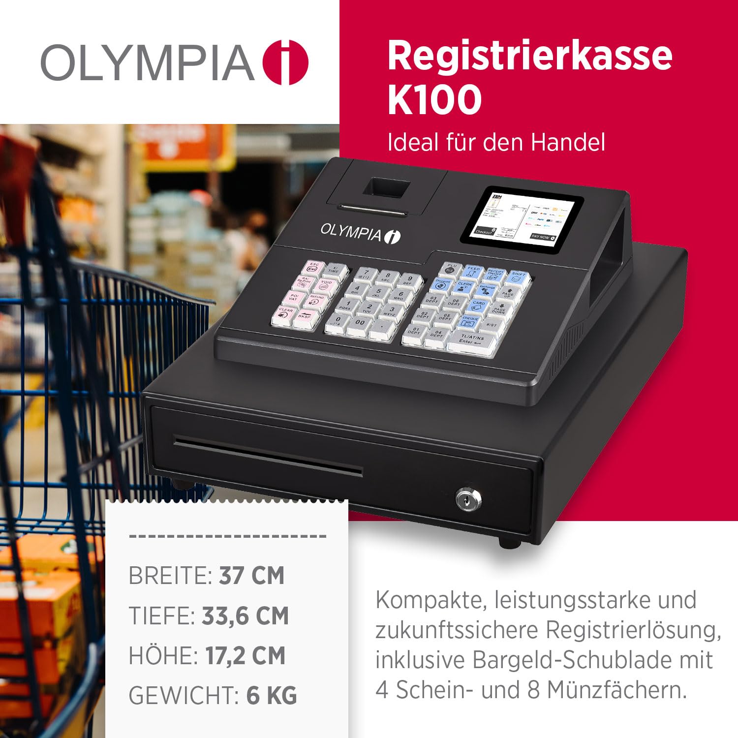 Olympia K100 Registrierkasse LED Kundenanzeige 58mm Thermodrucker Android 11 Hubtastatur 39 Tasten Kassenschublade