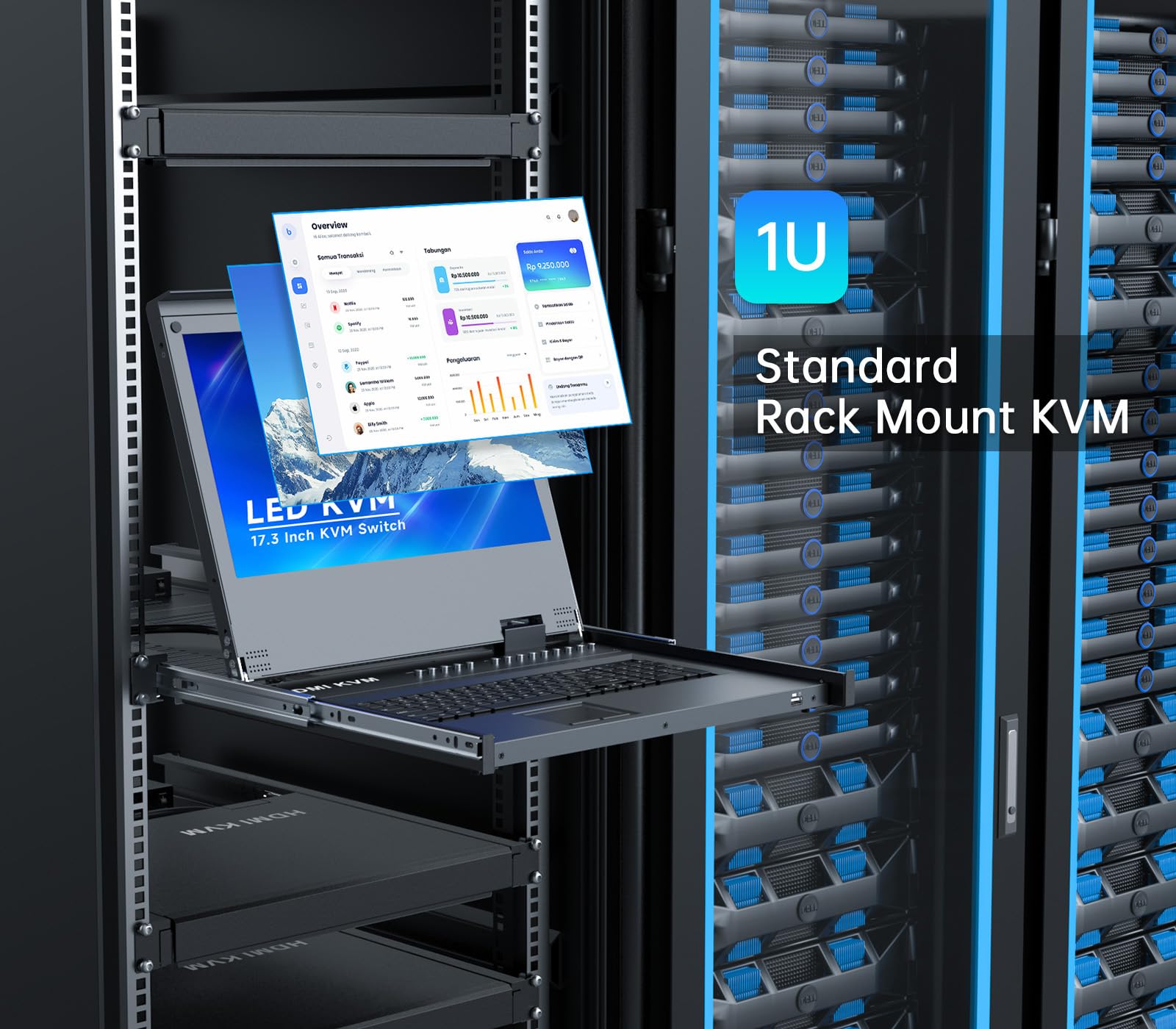 Console KVM LCD da 17,3" HDMI 8 porte, montaggio a rack KVM Switch Fit 1U 19" rack, tastiera monitor touchpad cassetto integrato + cavo 1920 x 1080