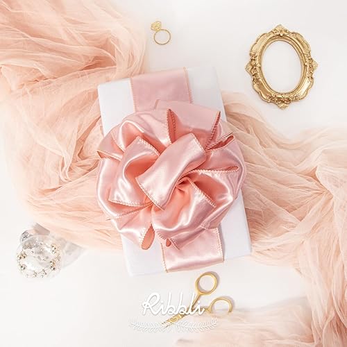 Miniatura 2 de Ribbli Cinta de satén rosa champán con alambre de 2.5 pulgadas, cinta de Navidad rosa champán para envolver regalos, coronas, guirnaldas, decoración
