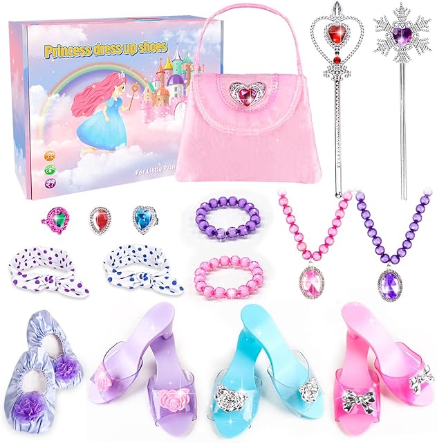 Princess Dress Up Shoes - Princess Toys with Play Shoes & Pretend Jewelry Accessories for Little Girls Aged 3,4,5,6 Birthday Christmas Gift