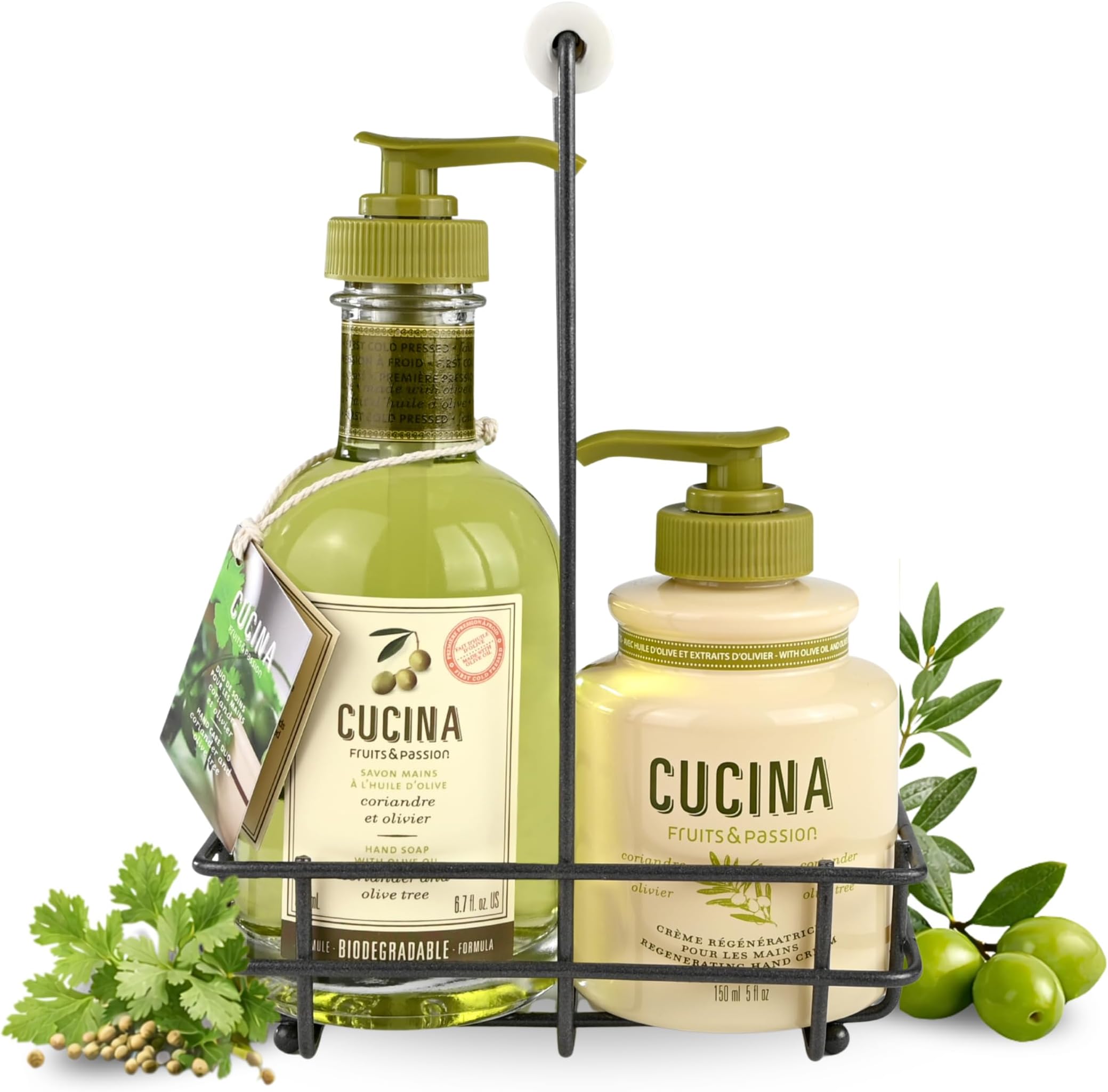 Fruits & Passion [Cucina] - Hand Care Duo Caddy Gift Set | Liquid Hand Soap Wash (5.1 oz) with Hand Cream Lotion (6.8 oz) (Coriander & Olive)