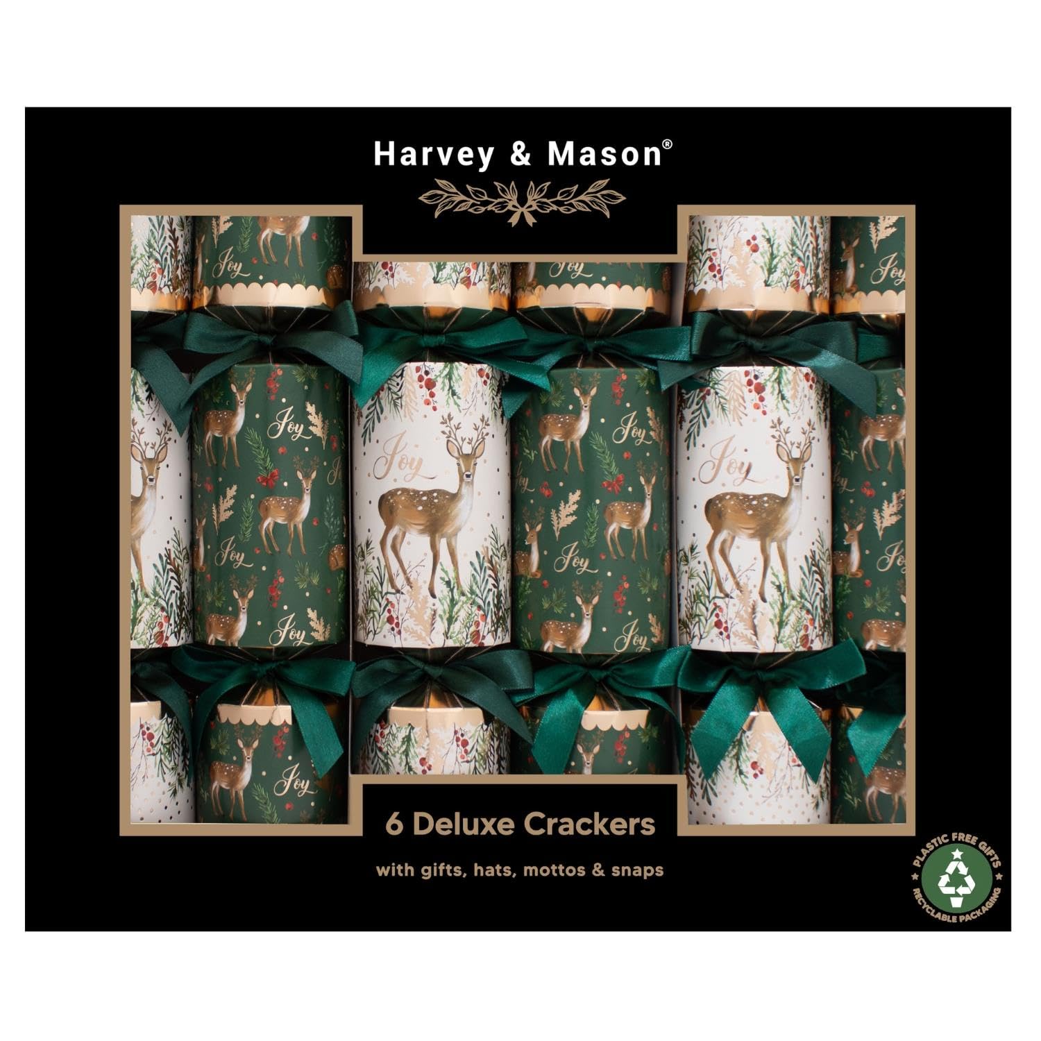 Pack of 6 Festive Christmas Crackers Gold Deer Green White Holly 13.5"