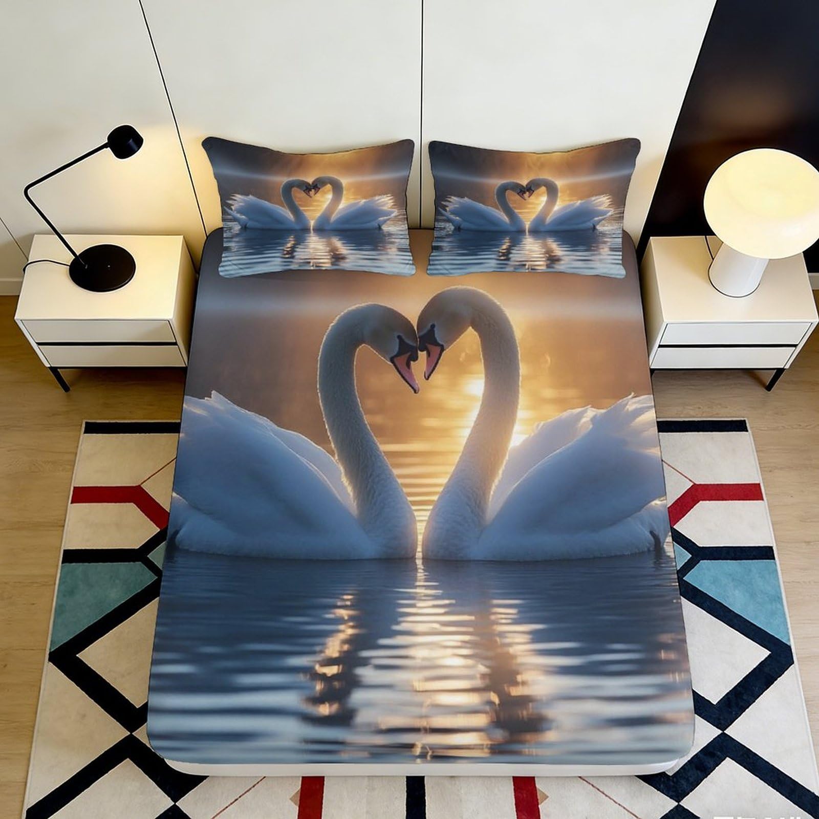 3D Printed Swan Couple Fitted Sheet Microfiber Soft Breathable Swans Reflection Bed Cover for Bedroom Dorm Dormitory Guest Room Mattress Protection 200x200x25cm