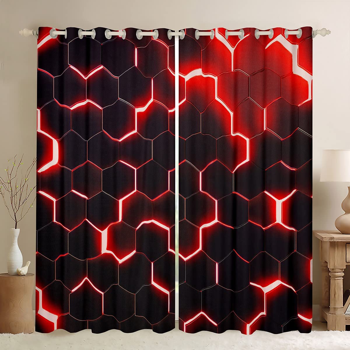 Homewish Honeycomb Kids 30%-50% Blackout Curtains for Living Room Geometric Boys Curtains for Bedroom Glitter Hexagon Window Curtain for Teen Men Red Black Curtains & Drapes 46" Wx72 L