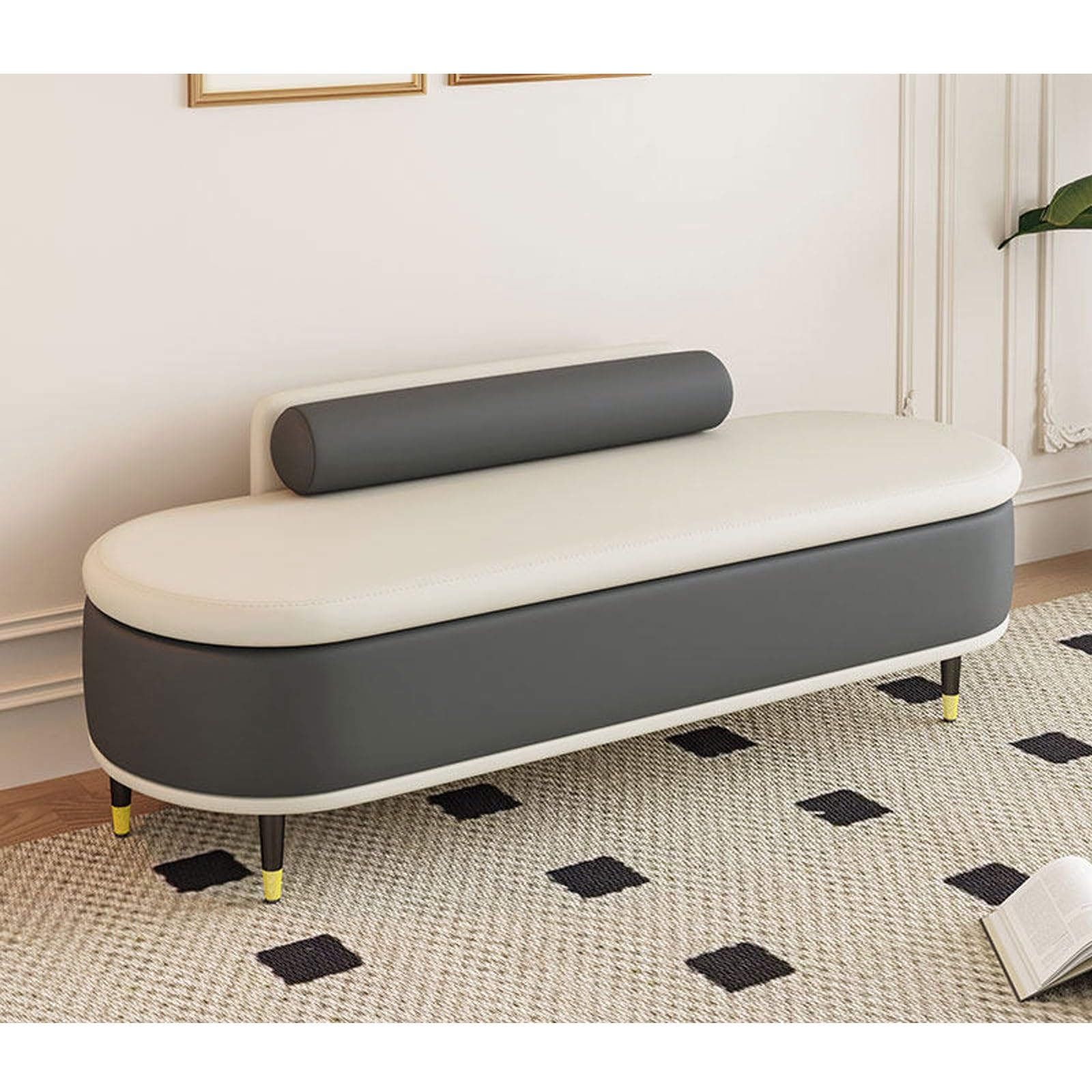 Banc ottoman de rangement en cuir marron rembourré avec oreiller pour salon et entrée