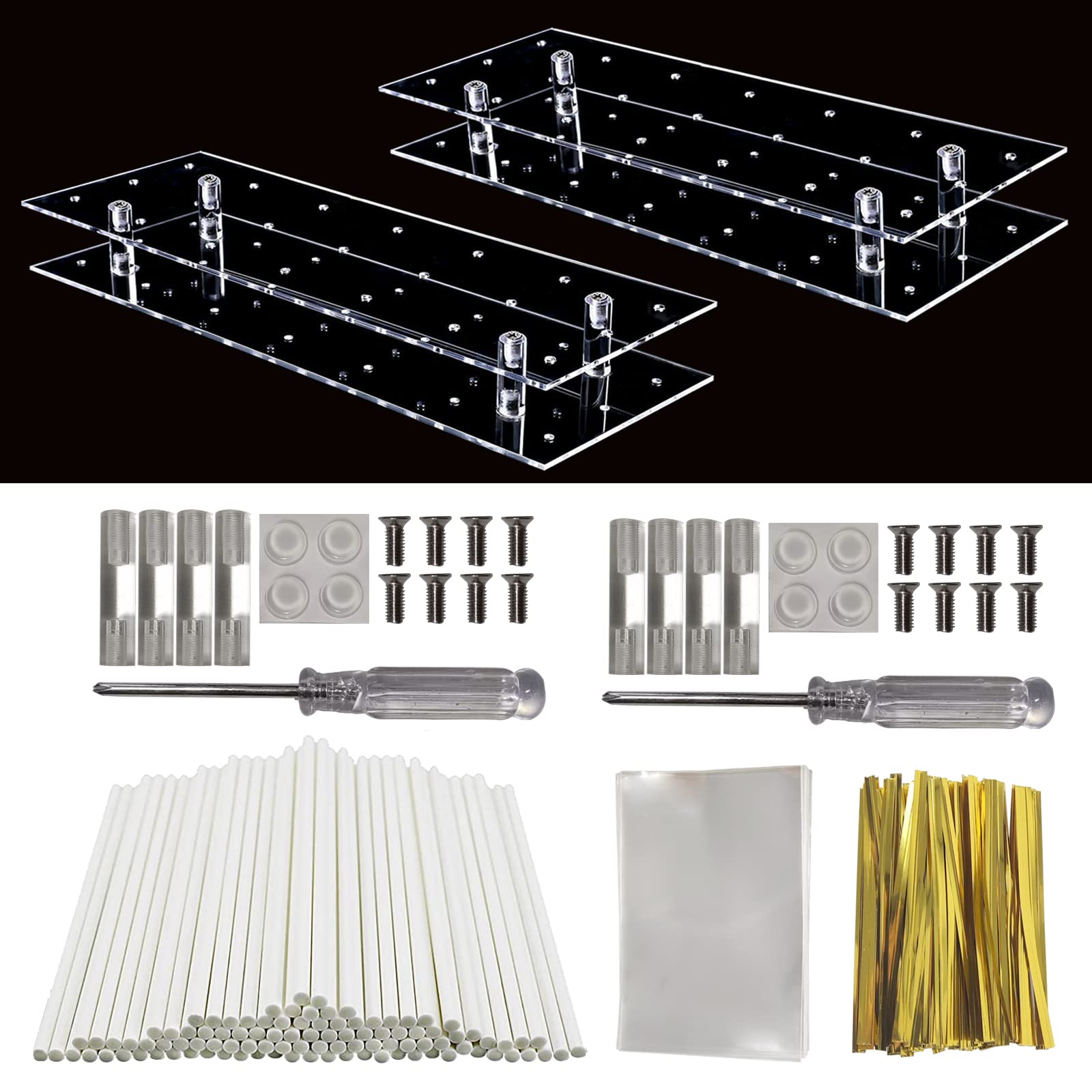 Cake Pop Stand,2PC Cake Pop Holder 21-Hole Display Acrylic Lollipop Holder 100PCS Cake Pop Sticks Clear Treats Bags and Gold Metallic Twist Ties for Candy Cake Pop Making Tools