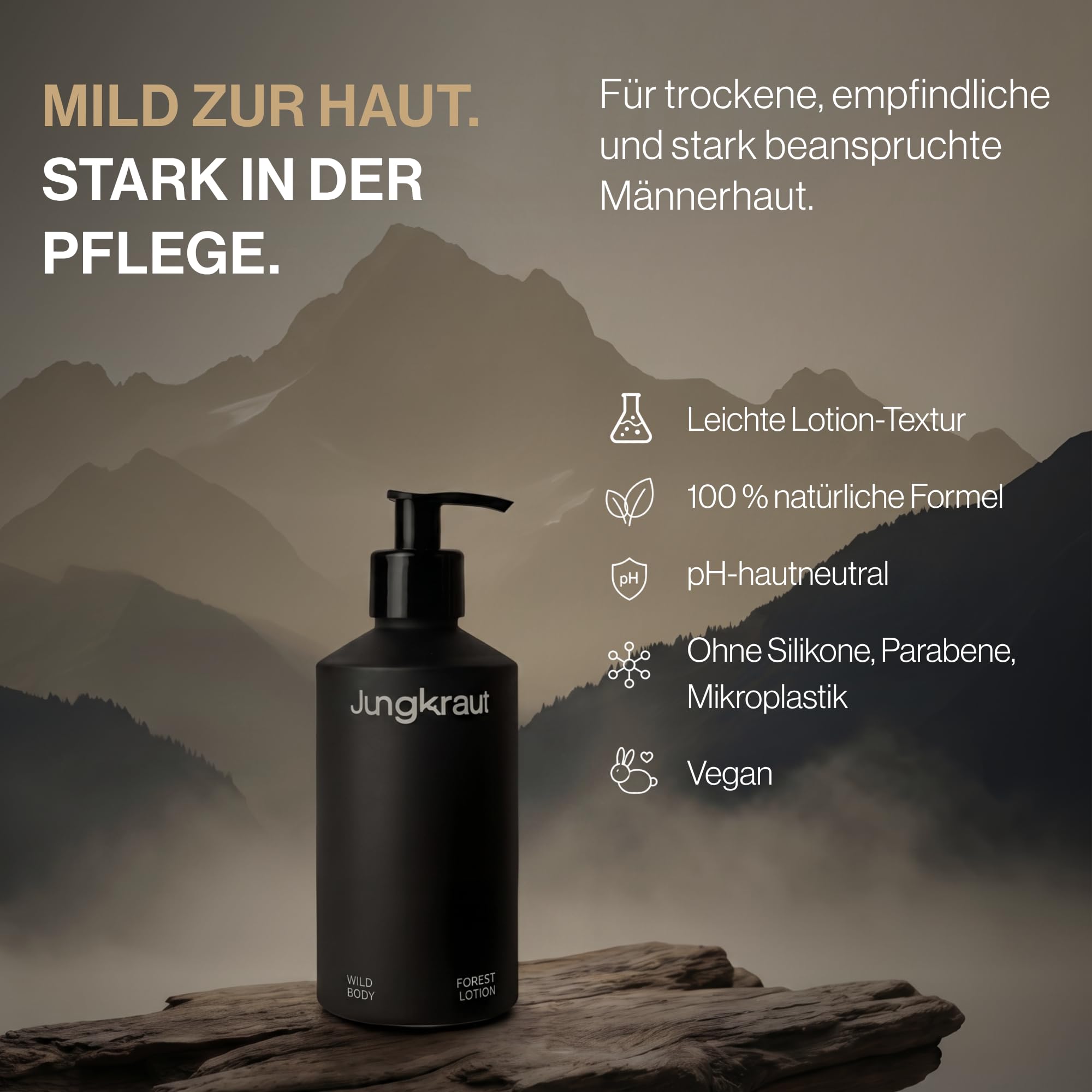 Wild Forest Body Lotion Set Männer 300ml Aluflasche + 300ml Refill, natürliche Körperlotion, ultraleicht, nicht klebend, Swiss Made, vegan