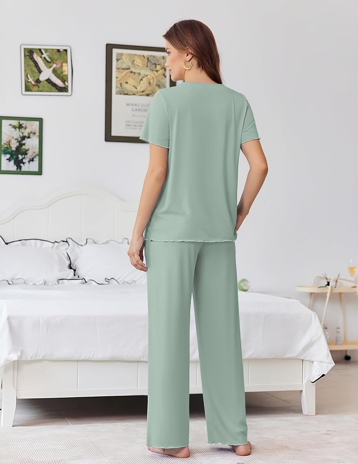 Ekouaer Womens Pajama Sets Viscose from bamboo Lounge Set Soft Pajamas for Women Set Short Sleeve and Long Pants Sleepwear - Image 4