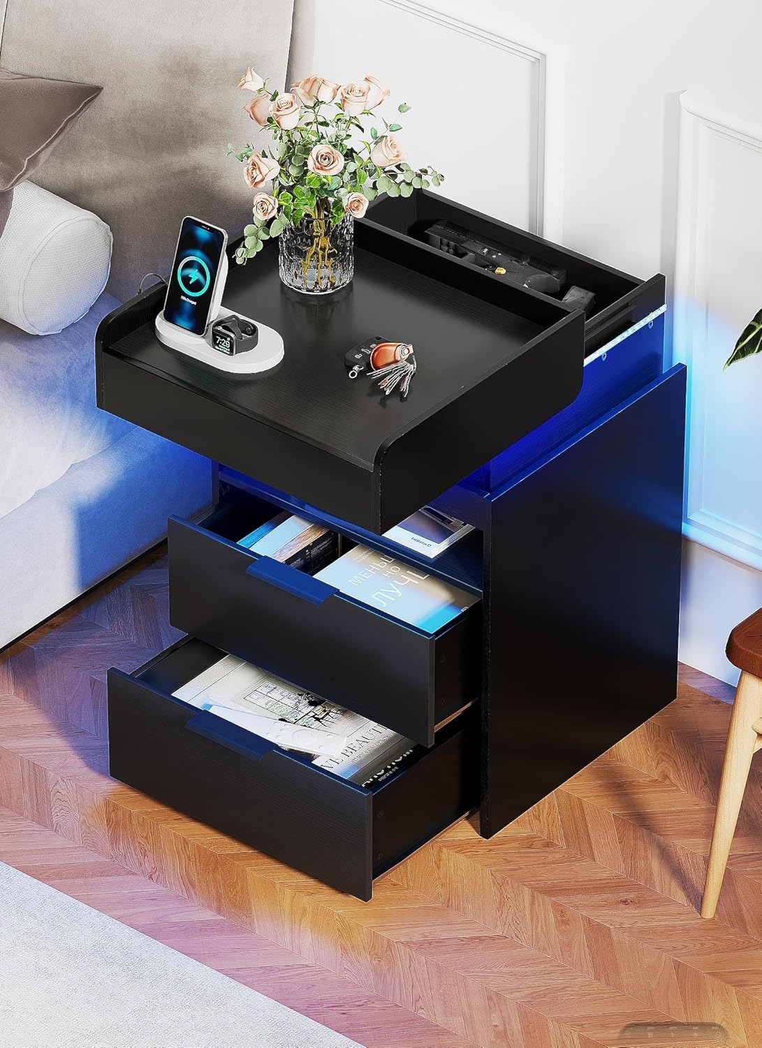 Turosur Black Night Stand with Charging Station,Wood Nightstand with 2 Drawers Modern Style, LED Lights Wooden End Tables with Sliding Top Open