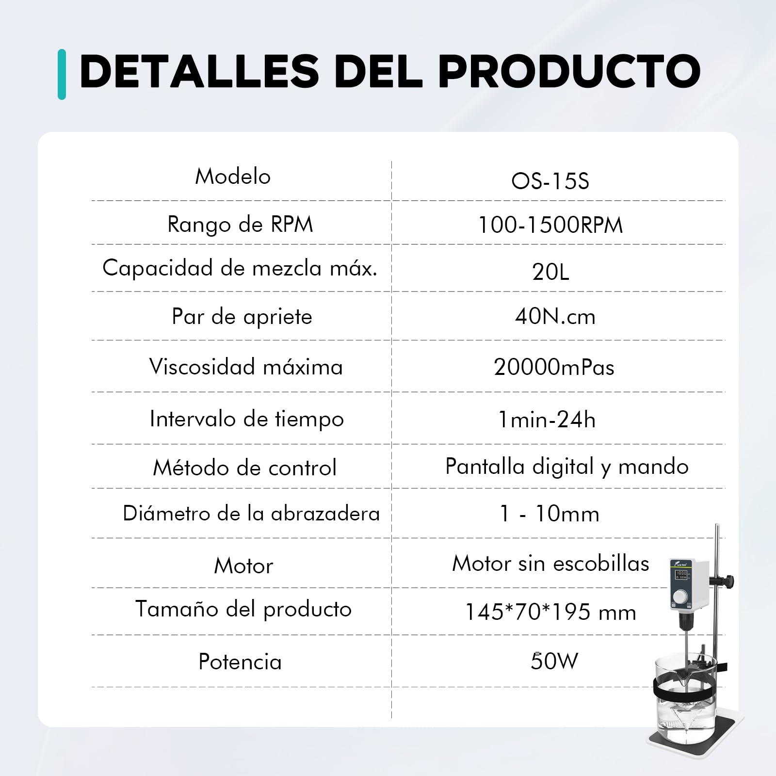 LAB FISH Agitador de Sobremesa Overhead Stirrer, Mezclador de Laboratorio con Paleta y Soporte Acero Inox, Velocidad Ajustable 100-1500 RPM, Temporizador 1min-24h, 20L
