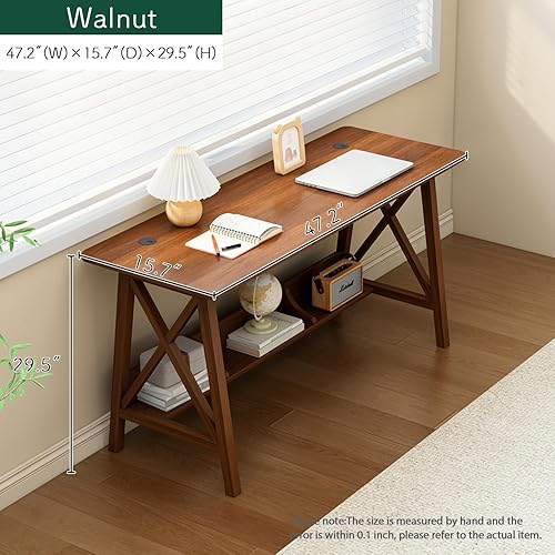 Miniatura 5 de Escritorio extra largo con estantería - Mesa de trabajo de oficina en casa de madera, escritorio de estudio y escritura con estante de