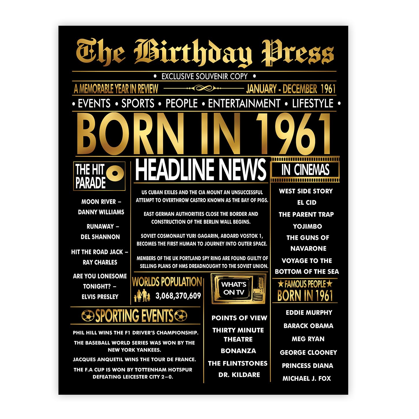 Stuff4 Gold 65th Birthday Poster Unframed - Golden Born In 1961 Newspaper - Happy 65 Birthday for Men Women Retro Vintage Gifts Back In 1961, 8x10 Inch Bday Party Decor Decoration