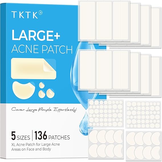 TKTK Large Pimple Patches for Face 120 Count + XL Acne Patches for Body 136 Count, 7 Sizes Pimple Patch Bulk Face & Body, Hydrocolloid Zit Breakouts