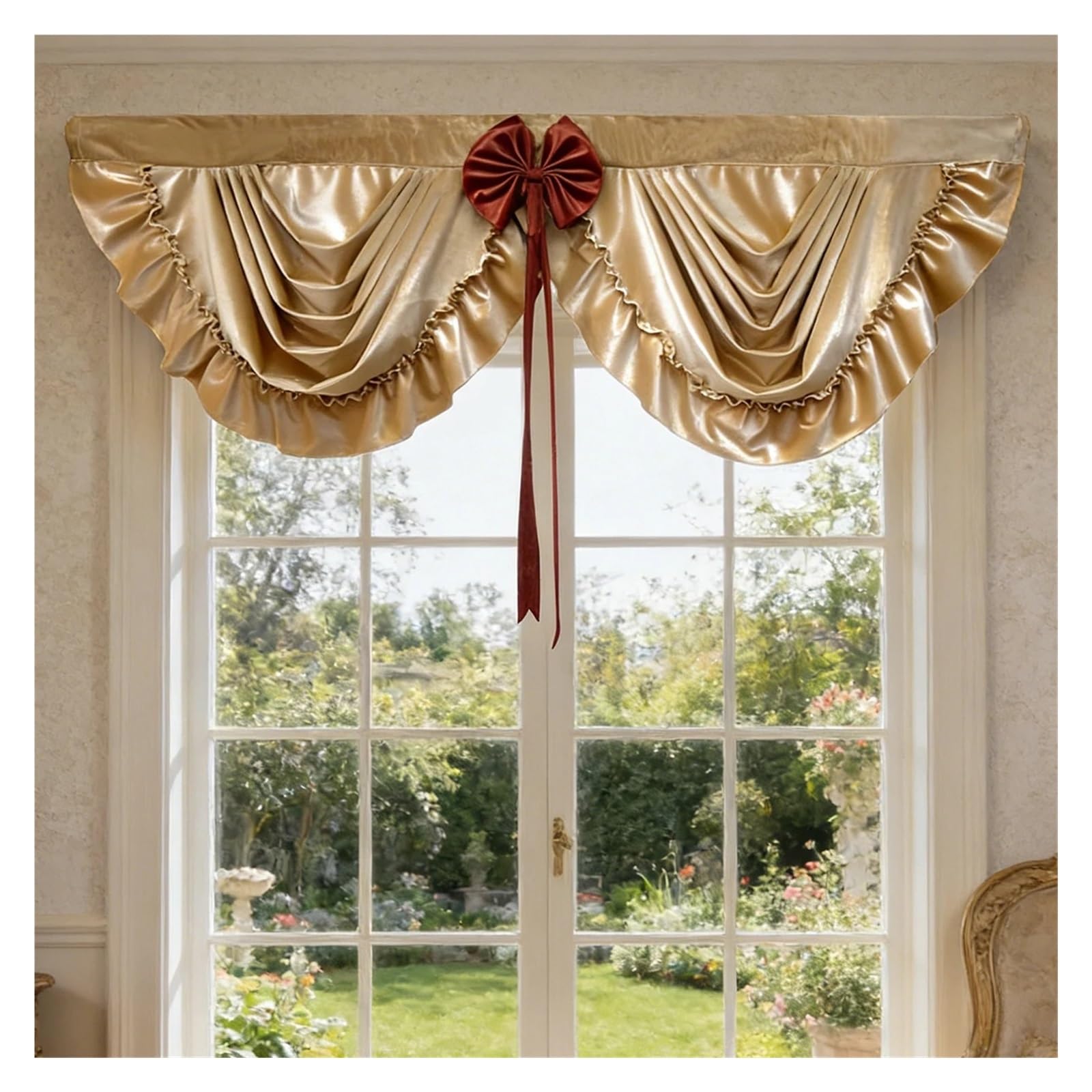 ZHOUXYFDC Swag Valance For Windows Velvet Wave Swag Curtain Valance With Bow Ruffled Design, Brown/Burgundy Waterfall Curtains For Living Room(Coffee,ROD POCKET_1PC- W200CM)
