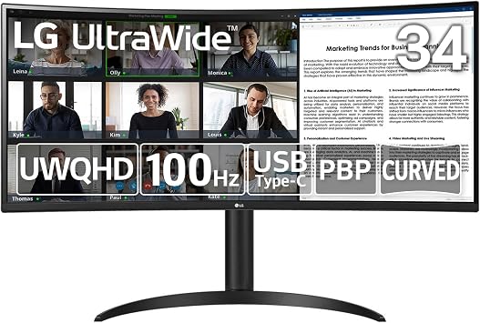 LG UltraWide Monitor 34WR55QC-B / 34 Inches / UltraWide / 3440 1440 / Curved / 100Hz / FreeSync/Anti-Glare / HDR10/ USB Type-C USB PD65W / DisplayPort/HDMI x 2 / Tilt Compatible / 3-Year Assurance