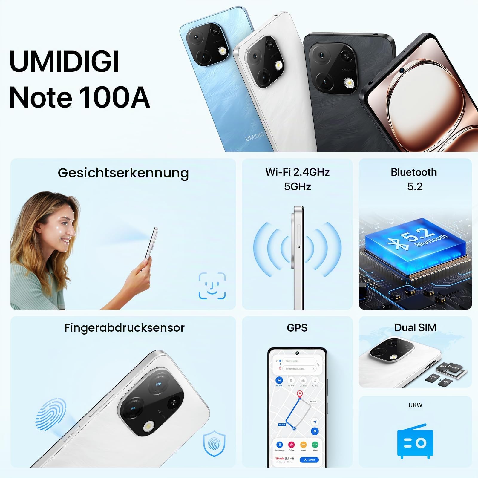 UMIDIGI Handy Android 14, 8+256GB/1TB TF Smartphone Ohne Vertrag, 120Hz 6.8 Zoll HD+ Smartphone, Bluetooth 5.2, 5000mAh, Octa Core, 4G Dual SIM/Face ID/Fingerprint/13MP/GPS/OTG-Note 100A