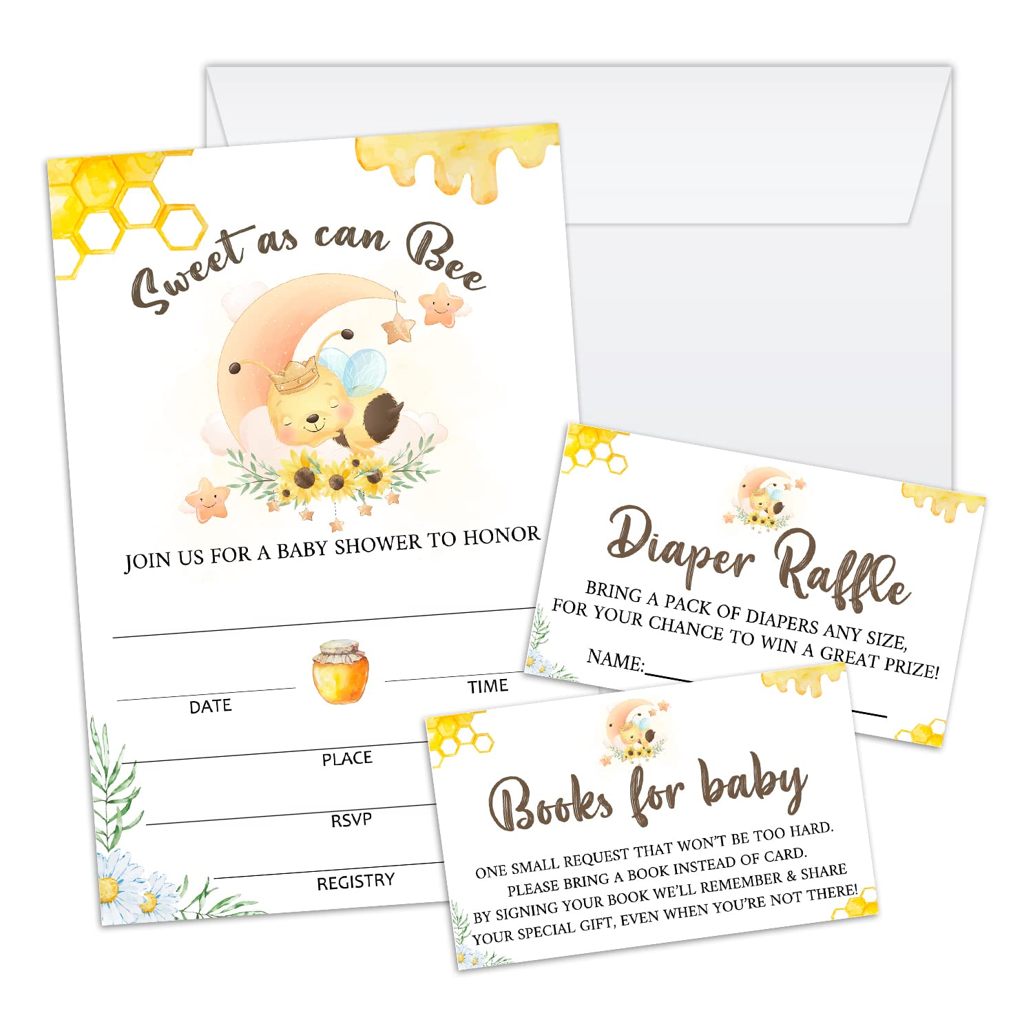 Sweet As Can Bee Baby Shower Invitation Cards With Envelopes, Diaper Raffle Tickets, Baby for Book 100 piece set, Gender Reveal Party for Baby Boys &