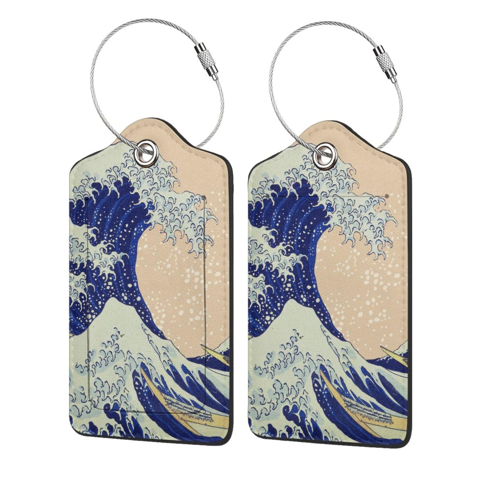 Japanese Kanagawa Ocean Great Wave Waves 2 Pack Printed Leather Bag Luggage Tags for Suitcase Travel Backpack Stainless Steel Loop Labels with Privacy