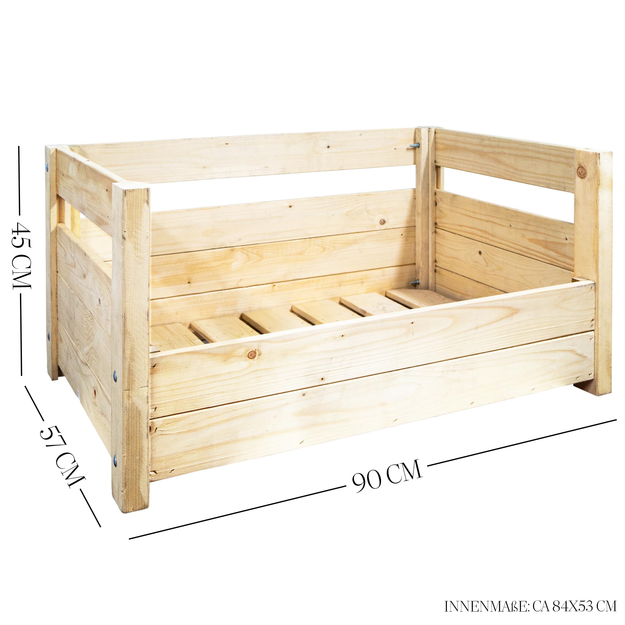 Kistenkolli Altes Land Hundebett Charly aus Massivholz 90 x 57 x 45 cm – Hundesofa aus Holz – Natur, Braun oder Geflammt – Optional mit Hundekissen – Stabil & einfache Selbstmontage (Natur)