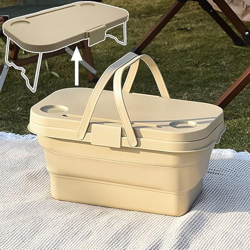 Collapsible Picnic Basket, Collapsible Picnic Basket with Handles (with Table Lid), Collapsible Garden Basket, Collapsible Harvest Basket for Camping, Beach, Hiking, and Outdoor Dining (Milky White)