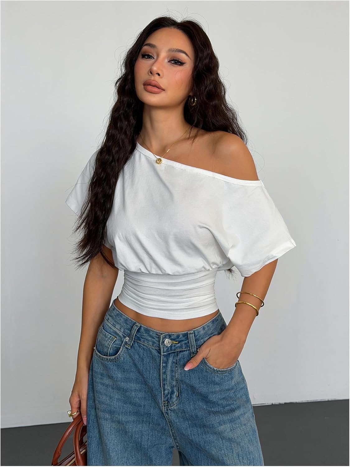 SOLY HUX Women's Off The Shoulder T Shirts Short Sleeve Asymmetrical Fitted Going Out Top Streetwear - Image 4