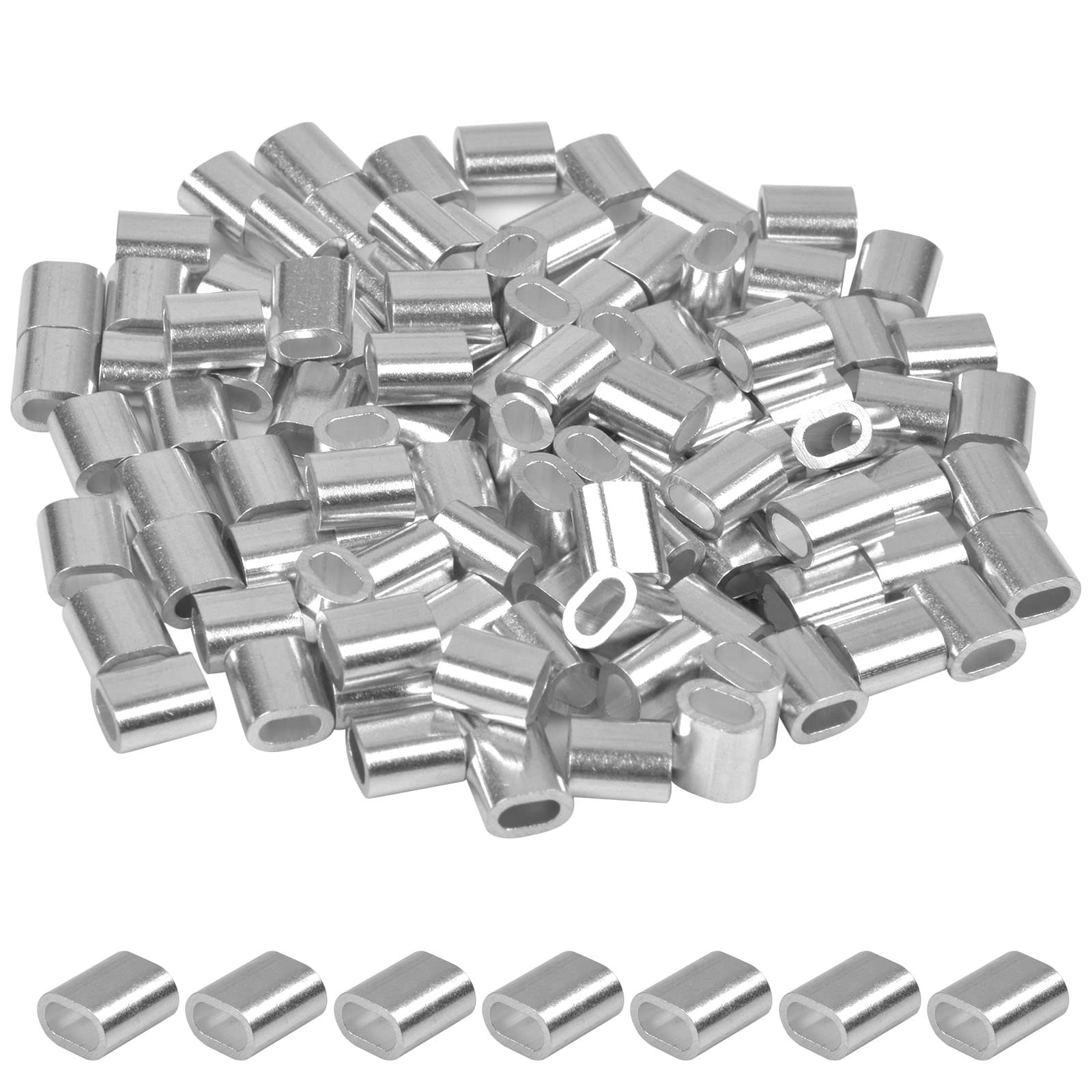 100 Pezzi Manicotti in Alluminio Ovali, Ghiere Morsetti in Alluminio, Alluminio Morsetto per Fune Metallica, Ovale Ghiere Maniche per Filo cavi in Acciaio (2 mm)