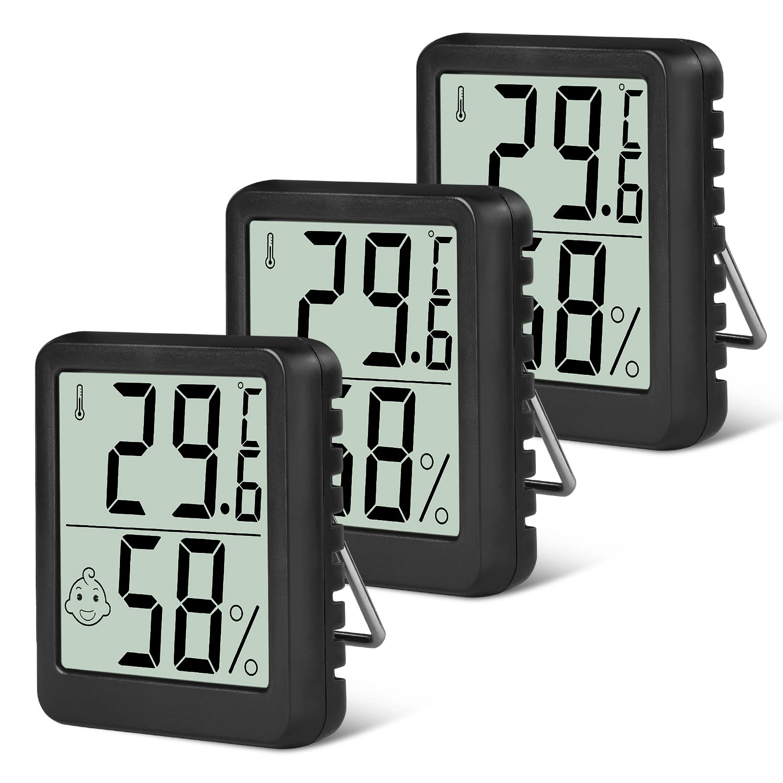 Flintronic Thermometer Hygrometer, 3PCS Digital Mini Thermometer and Hygrometer with Metal Stand, Thermohygrometer with Smile Face Indicating Data for Indoor, Living Room, Baby Room, Office (White) — view 9