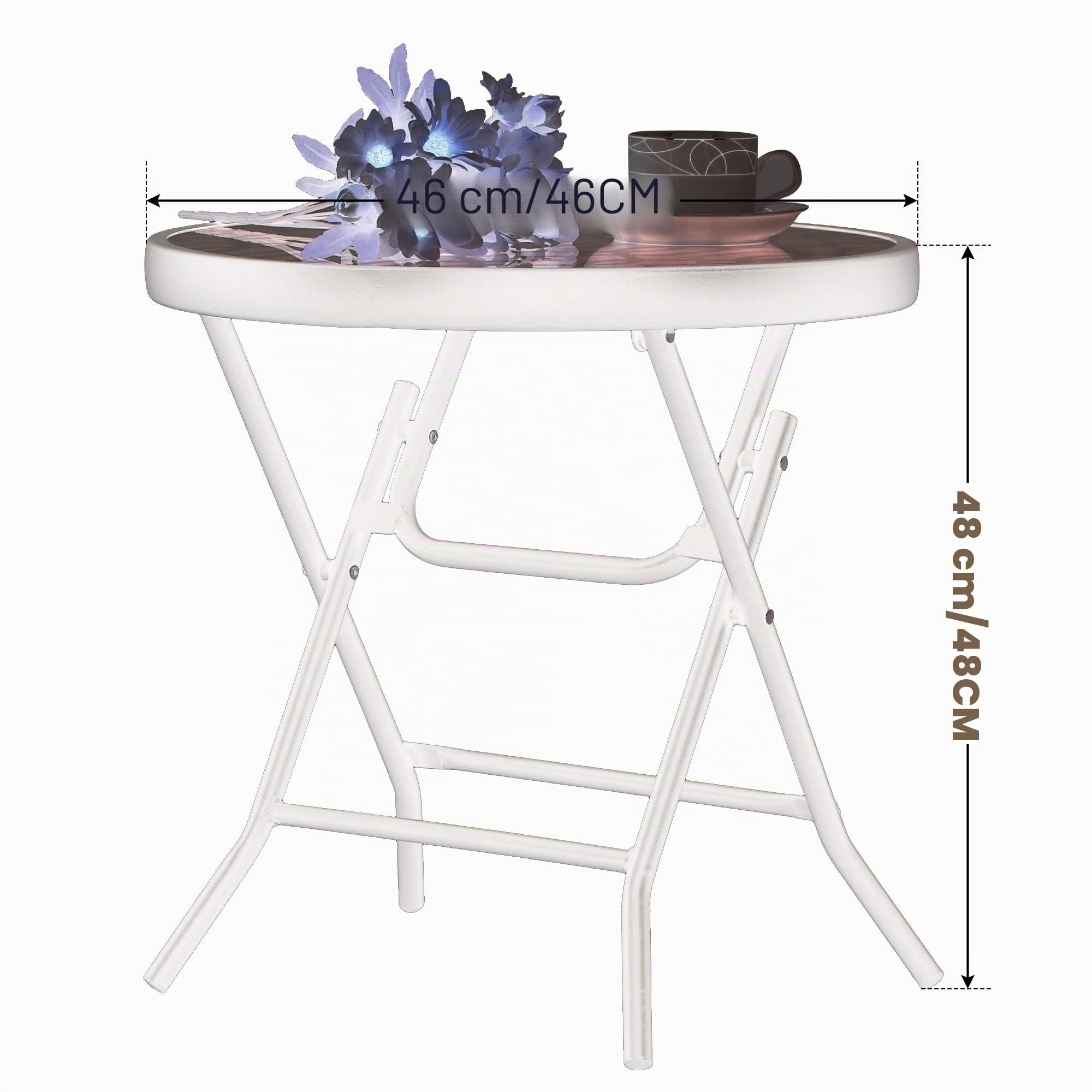 PHI VILLA - Tavolino rotondo pieghevole in vetro e metallo, tavolo da caffè, piccolo tavolino da balcone, resistente alle intemperie, facile da pulire, per balcone, giardino, terrazza, soggiorno