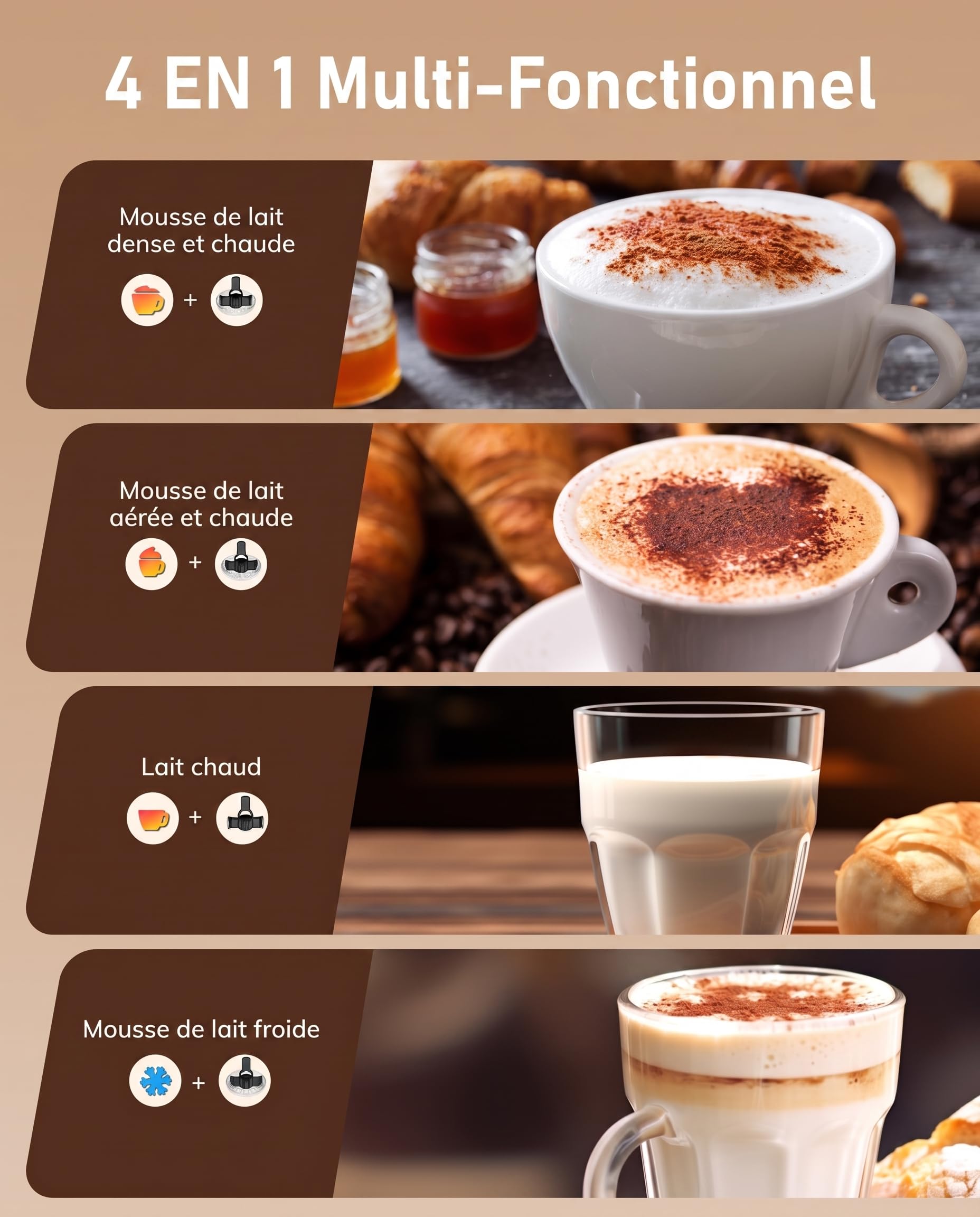 Morpilot Mousseur à Lait Électrique 4 en 1 à Mousse Chaude et Froide et Chauffe-lait, Emulsionneur Automatique 400W 240ml pour Cappuccino Macchiato Latte