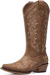 DREAM PAIRS Women Cowboy Cowgirl Mid Calf Boots | square toe, low block heel, western, retro stitching, cushioned, country concert, music festival, rodeo, party, fall, winter