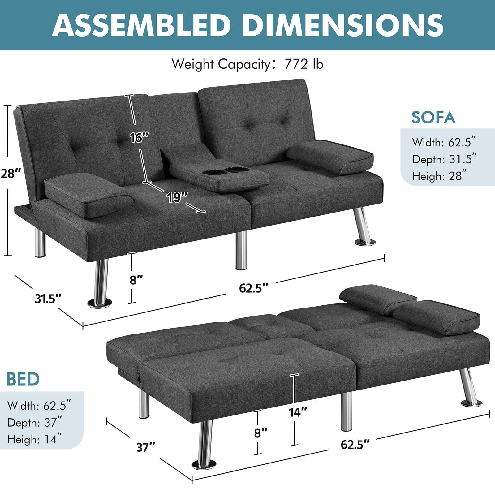 Yaheetech Convertible Sofa Bed Adjustable Fabric Couch Sleeper Modern Recliner Reversible Loveseat Folding Daybed Guest Bed, Removable Armrests, Cup Holders, 3 Angles, 772lb Capacity, Black: Yaheetech Convertible Sofa Bed Adjustable Fabric Couch Sleeper Modern Recliner Reversible Loveseat Folding Daybed Guest Bed, Removable Armrests, Cup Holders, 3 Angles, 772lb Capacity, Dark Gray