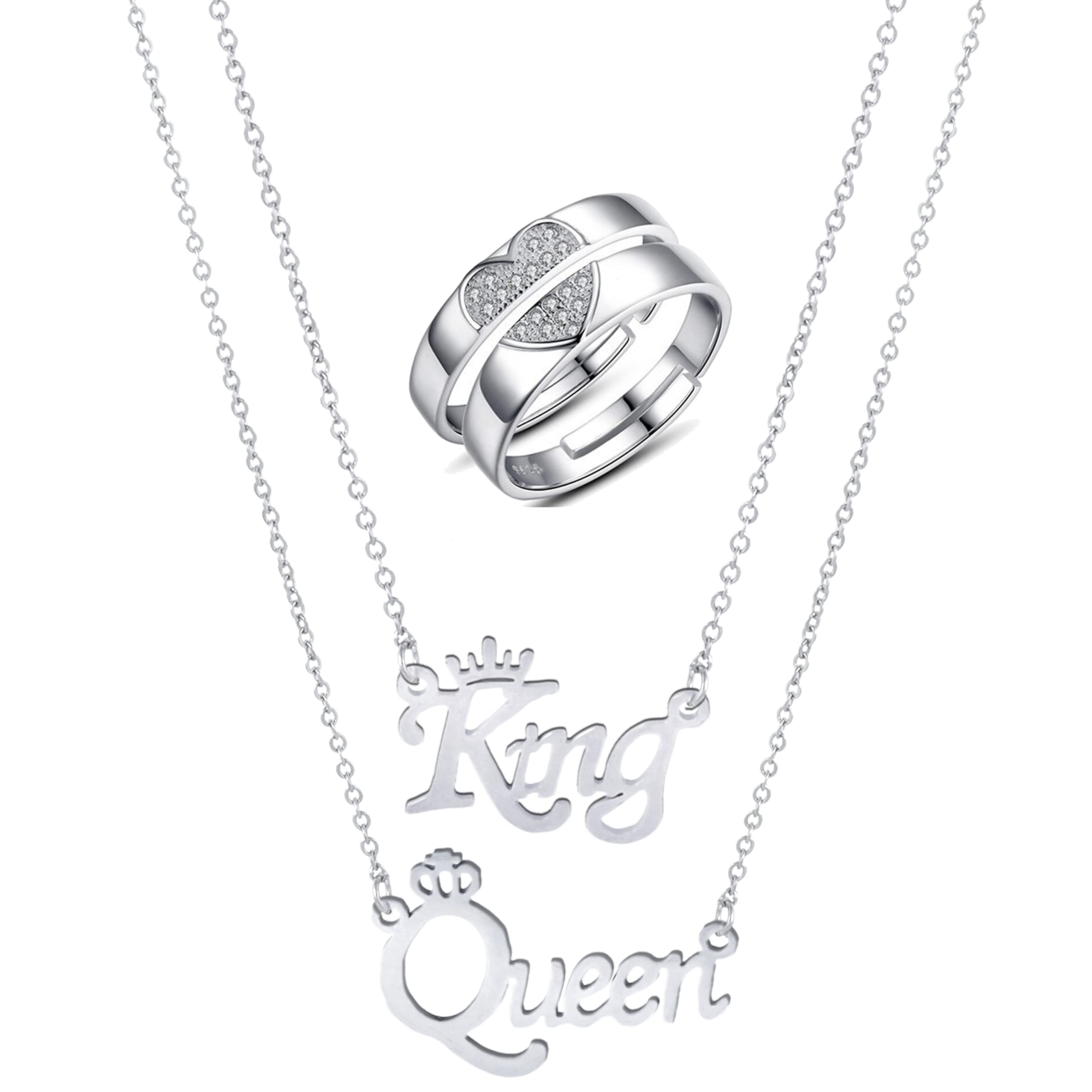 Latest Silver Plated King Queen Pendant With AD Heart Silver Couple Ring For Girls Boys Men Women-image-38