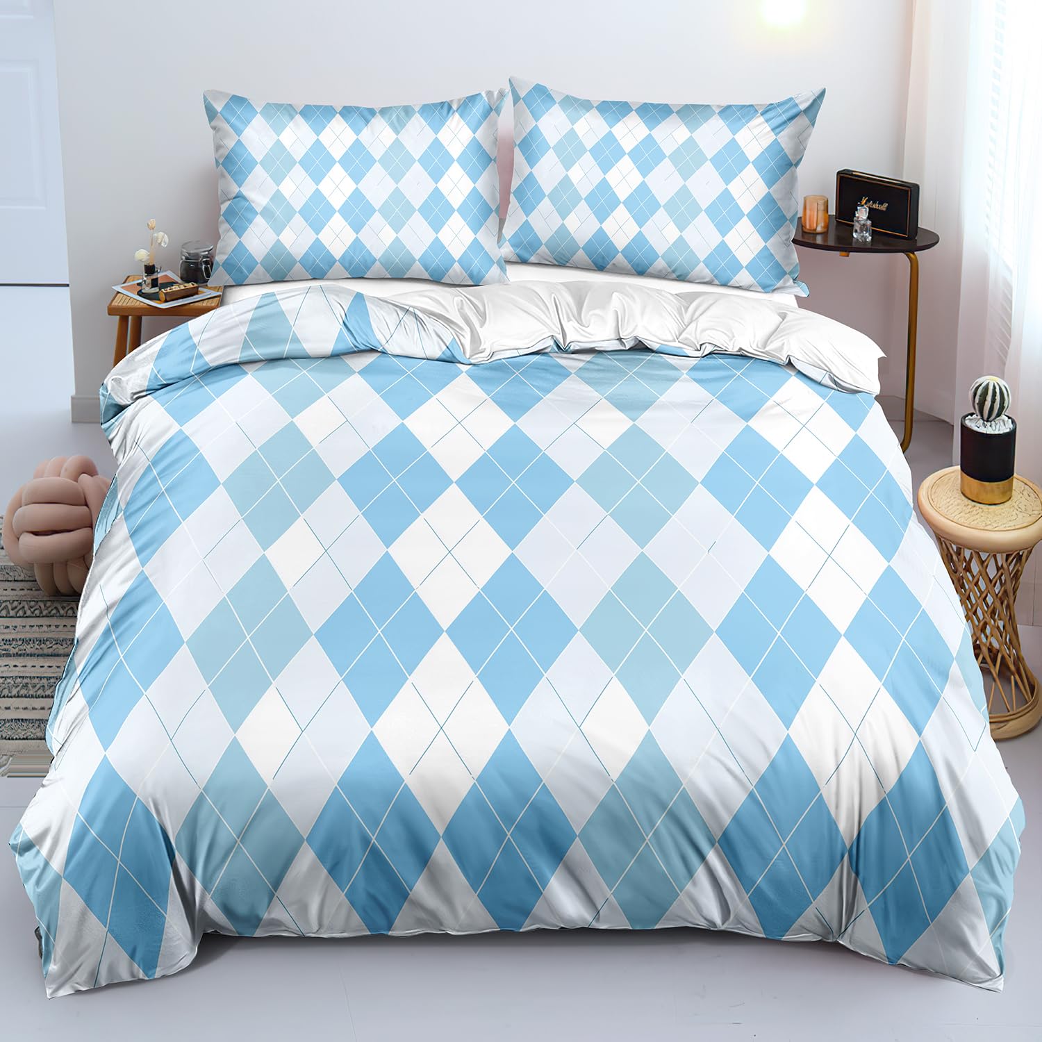 Copripiumino Singolo con Motivo Geometrico A Rombi Blu e Bianco, Set di Biancheria da Letto Giapponese Carino Per Bambini, Ragazzi e Adulti, Copripiumino Patchwork Moderno e Semplice Per Tutte Le St