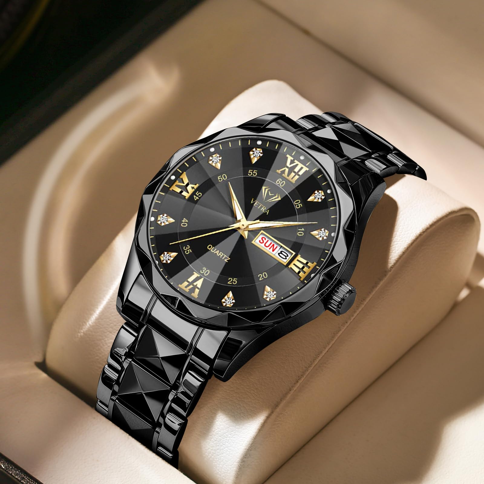 Vetra Montre classique pour homme - Bracelet en acier inoxydable - Étanche - Lumineuse - Jour - Date - Tendance - Minimaliste - Cadeau pour homme