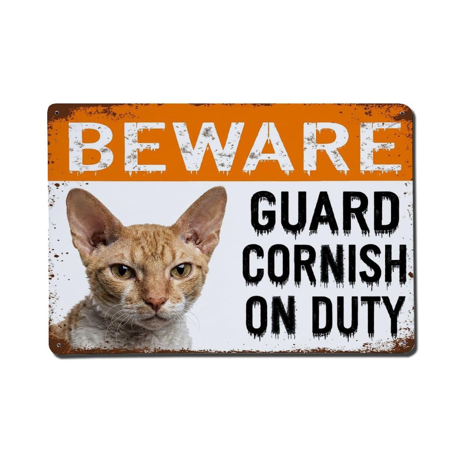 Vintage Funny Cornish Rex Guard Beware of Cat Stoop Metal Tin Sign Plaque Wall Decor for Cafe, Club Bar, Office, Garden Metal Poster 8x12Inch
