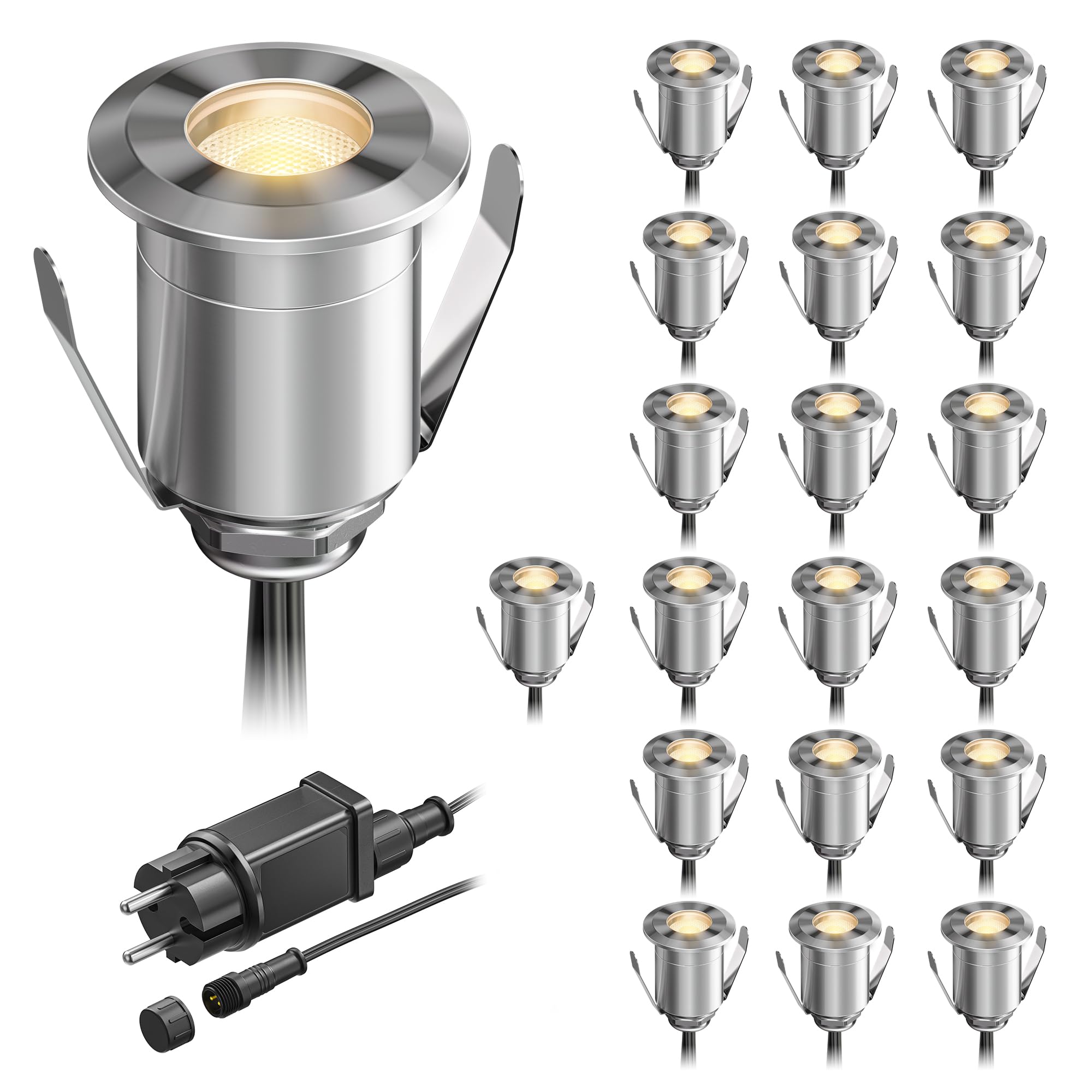 ledscom.de LED Boden-Einbauleuchte BINO für außen, IP67, 32mm Ø, warmweiß, 20er Set