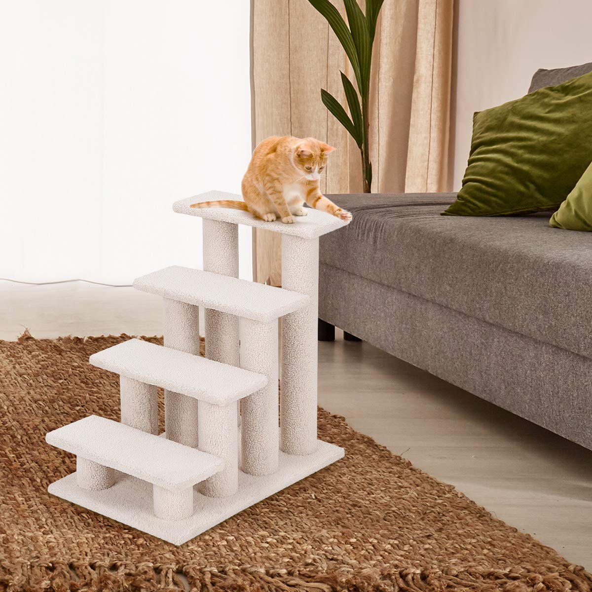SOARS Katzentreppe, 4-stufige Haustiertreppe, Treppe für Katzen bis 25 kg, Hundetreppe, Kletterbaum Katzenbaum, 61 x 41 x 60 cm (Beige)