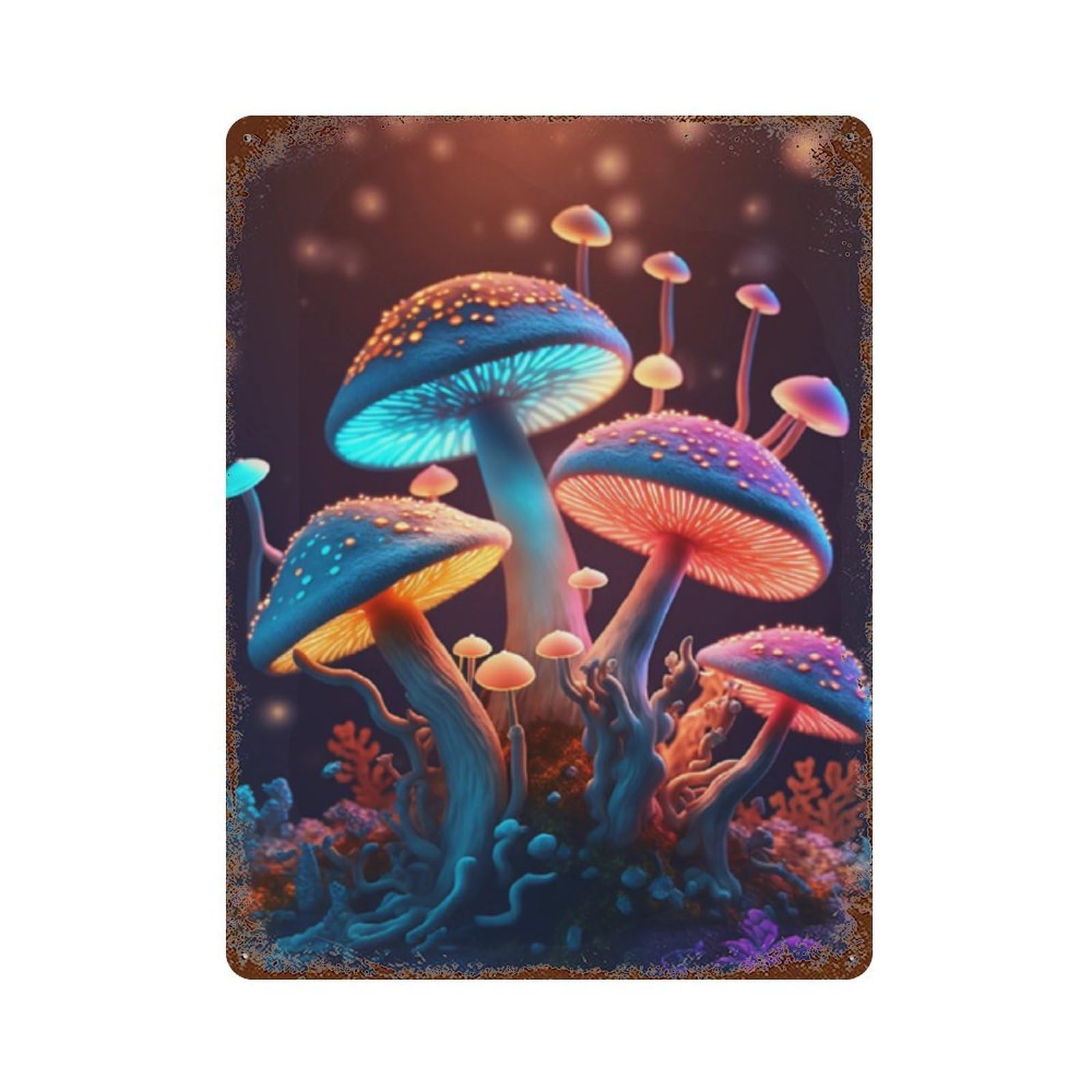 Glowing Mushrooms Fantasy Rusty Metal Tin Sign 15.7"x11.8", Vintage Wall Decor for Garage, Pub Or Kitchen