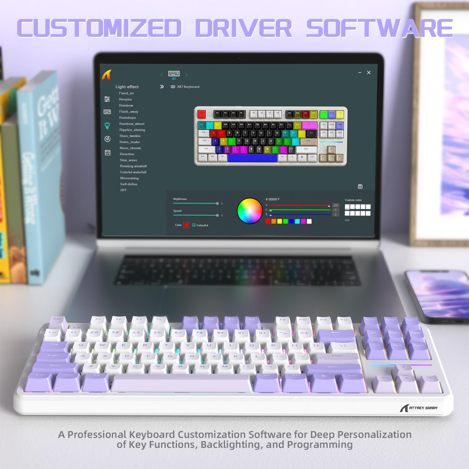 LexonElec X Attack Shark X87 Kabellose Gaming-Tastatur, Tri-Modus-BT/2.4G/Verkabelt, Hot-Swap-fähig, Linearschalter, 87 Tasten PBT-Tastenkappe, Dichtung Struktur, RGB-Tastatur(Lila)