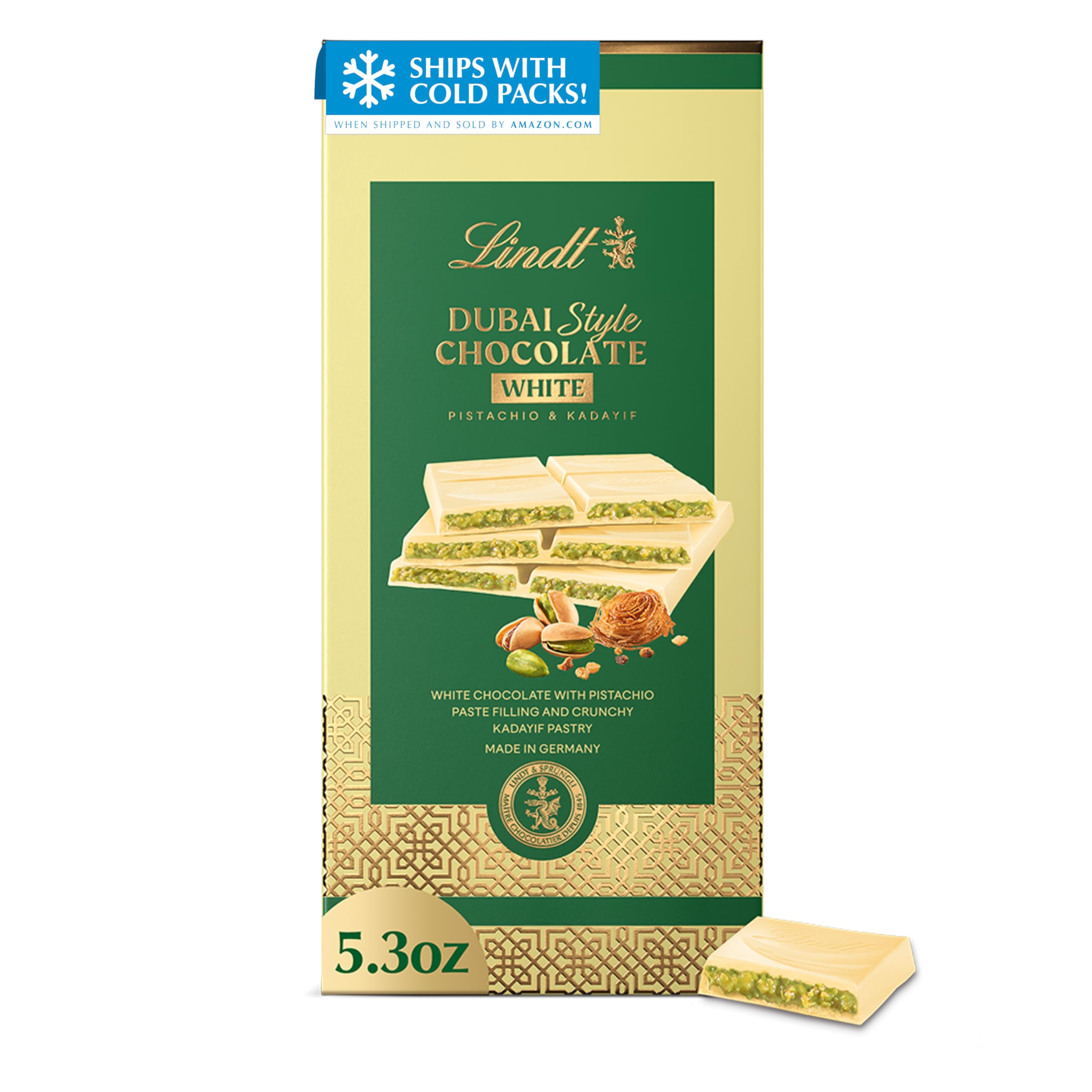 Lindt Dubai Style White Chocolate Candy w/Pistachio & Kadayif, 5.3 oz. Bar