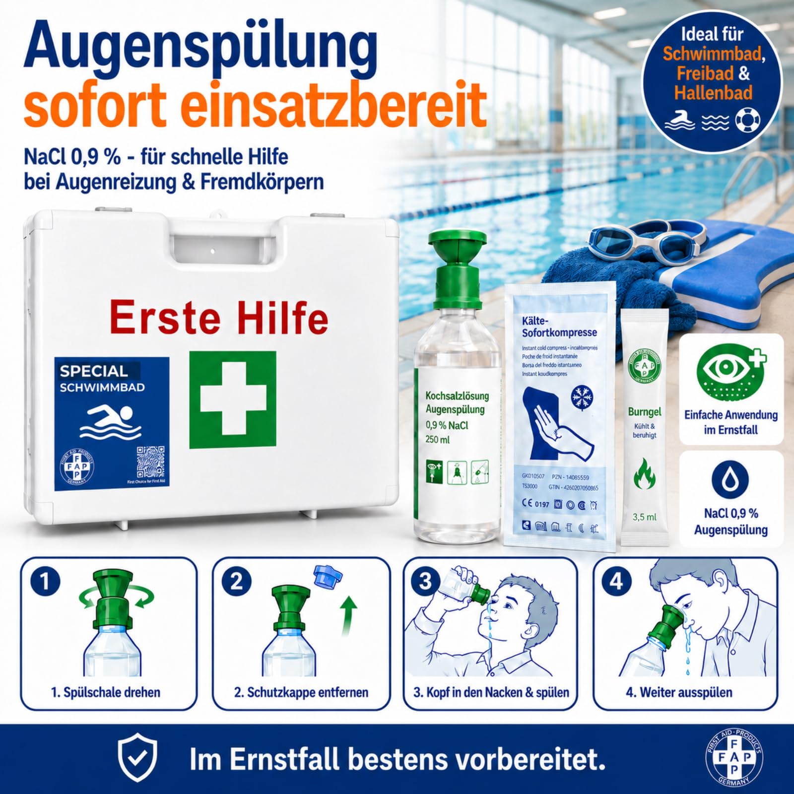 FAP Erste-Hilfe-Koffer Schwimmbad DIN 13157 gefüllt - Weiß | Beatmungstuch & Kältekompresse | Pool Aqua Freibad Hallenbad Wassersport ABS Kunststoff, Betriebsverbandkasten Wandhalterung -33×42×15 cm