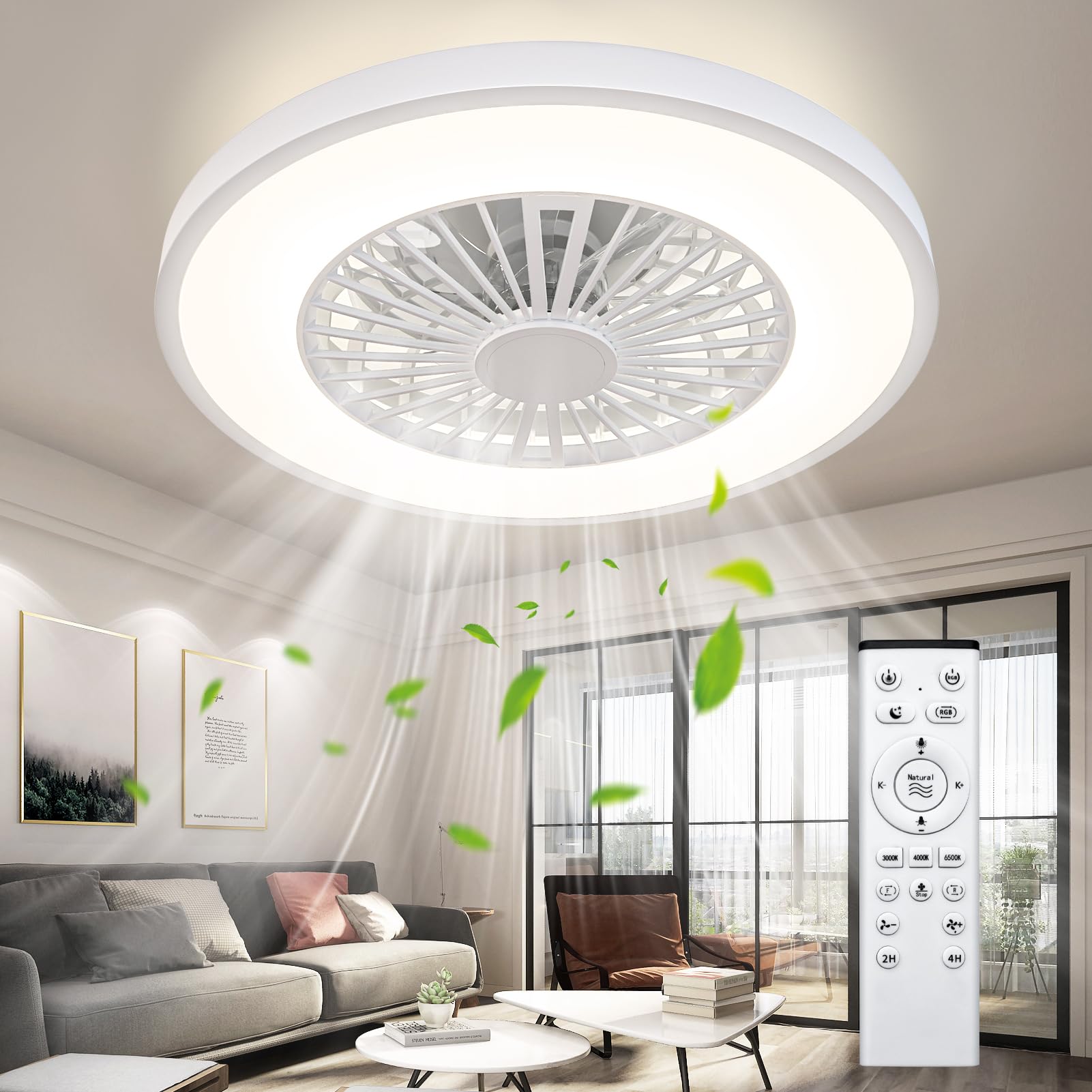 Ateroll Ventilatore da Soffitto con Luce, Motore DC 25W LED 45W, RGB (3000K-6500K), 3000LM, 6 Velocità del Vento Regolabili con Telecomando, Timer, Memoria Luce, 7 Pale del Ventilatore Reversibili