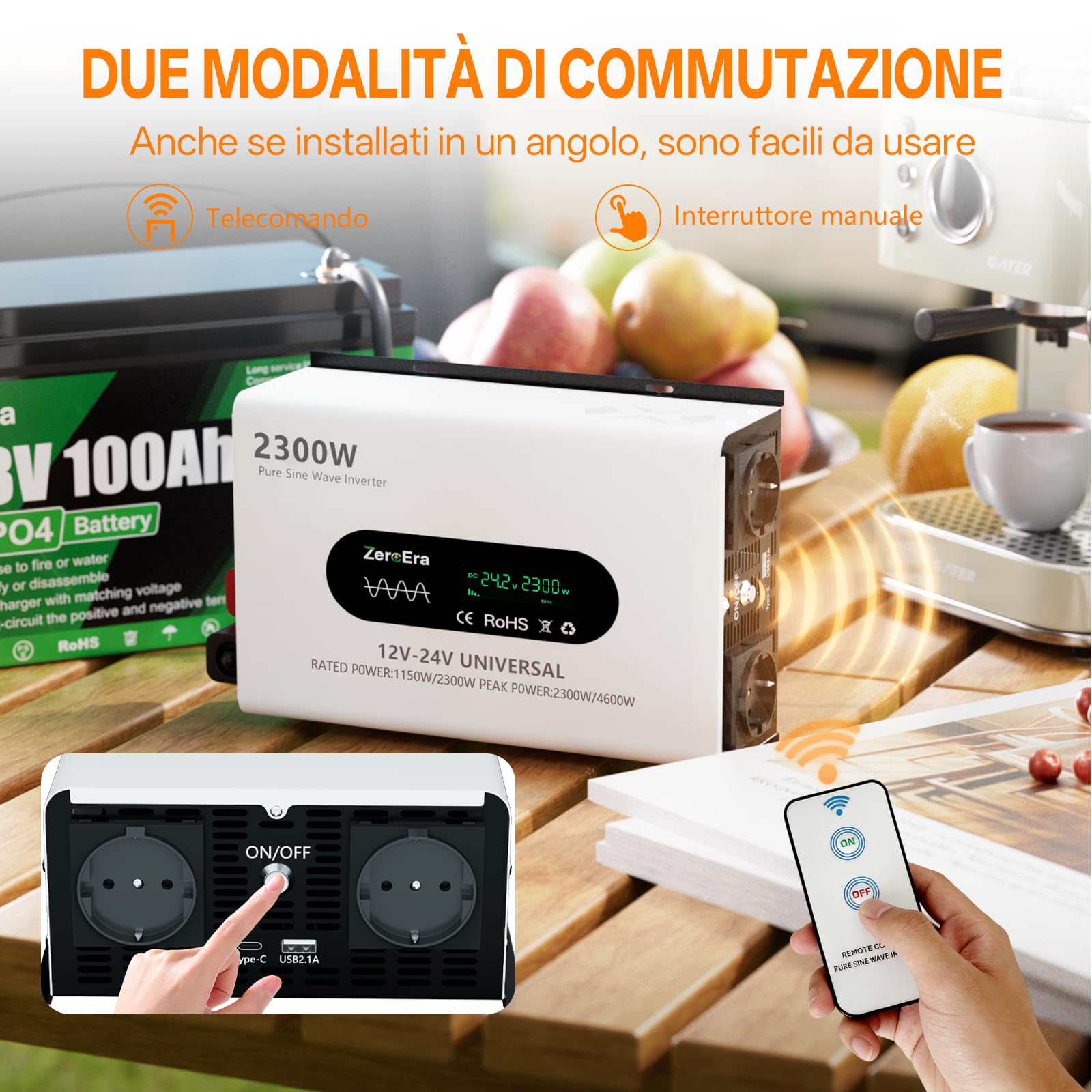 Inverter 12V/24V a 220V 230V,Convertitore Doppia Tensione,Potenza Nominale 1150W/2300W,Potenza Picco 2300W/4600W,Seno Puro,LCD,Rilevamento Intelligente,Presa 2EU, 1 Tipo C,Porta USB 2.1A,Telecomando