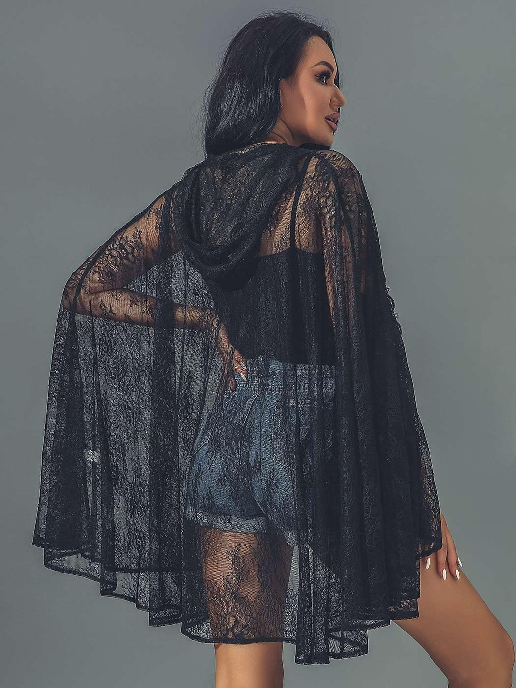 Black Lace Cape 3/4 Length Hooded Cloak Halloween Costume Cover Up for Women