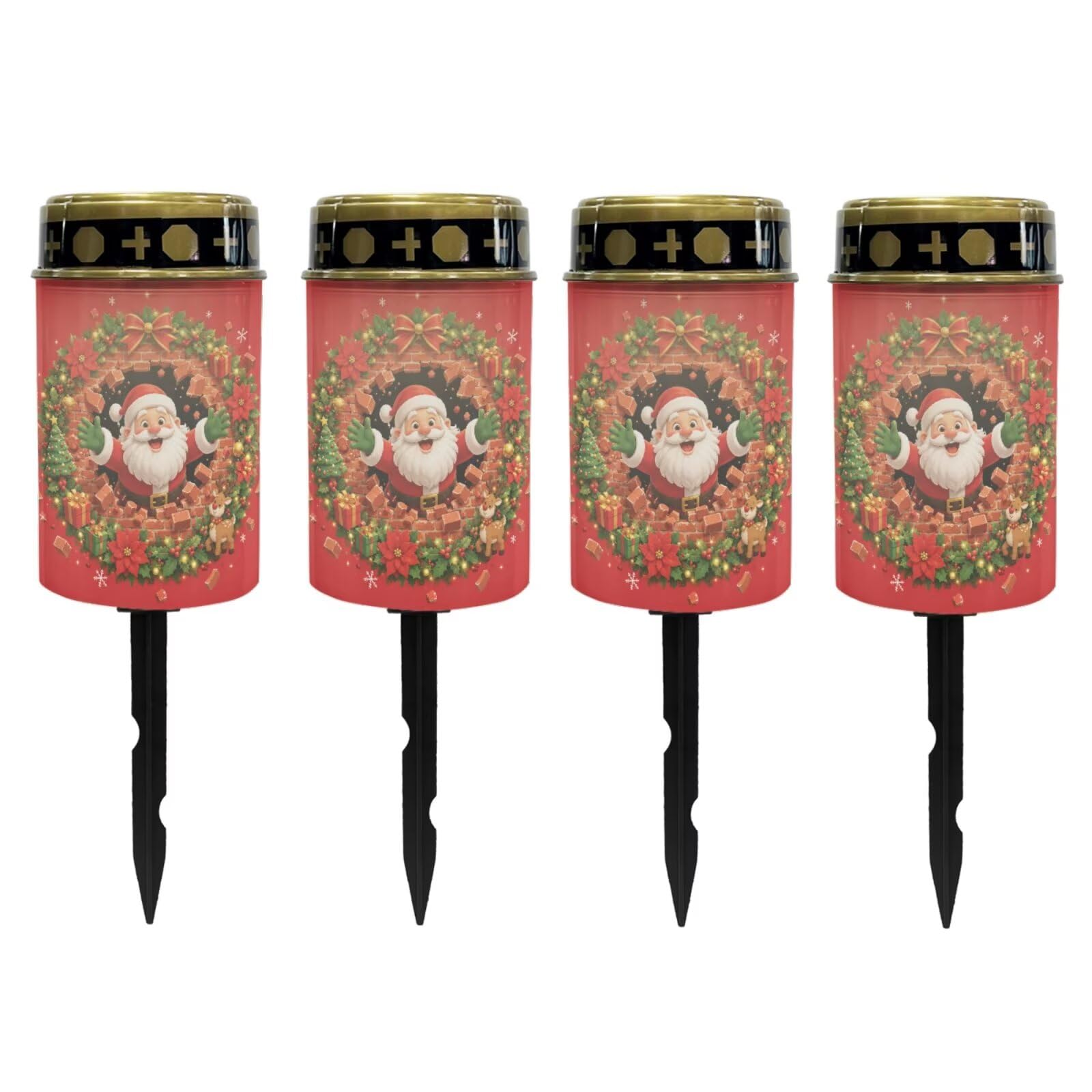 Poceacles Solar Candle Cemetery Solar Lights for Grave LED Garden Flameless Powered Pathway Lights Outdoor Christmas Holiday Party Decor, Santa Claus Poinsettia Red, 4 Pack