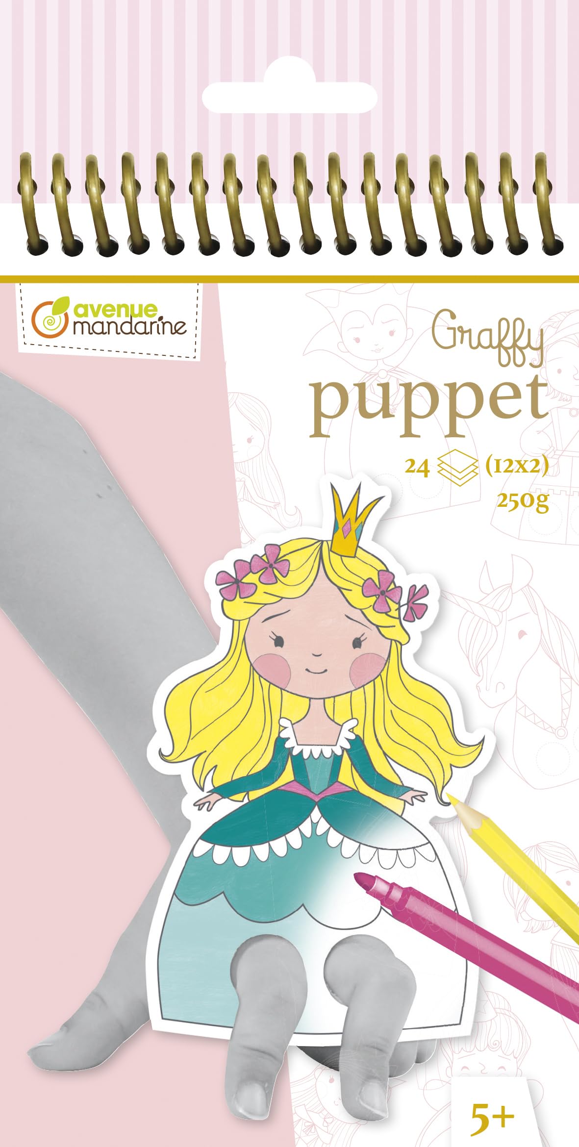 Avenue Mandarine GY008O - A Graffy Puppet Colouring book - 24 pre-cut paper finger puppets - 12 cm x 12 cm - From age 5 - PRINCES AND PRINCESSES THEME