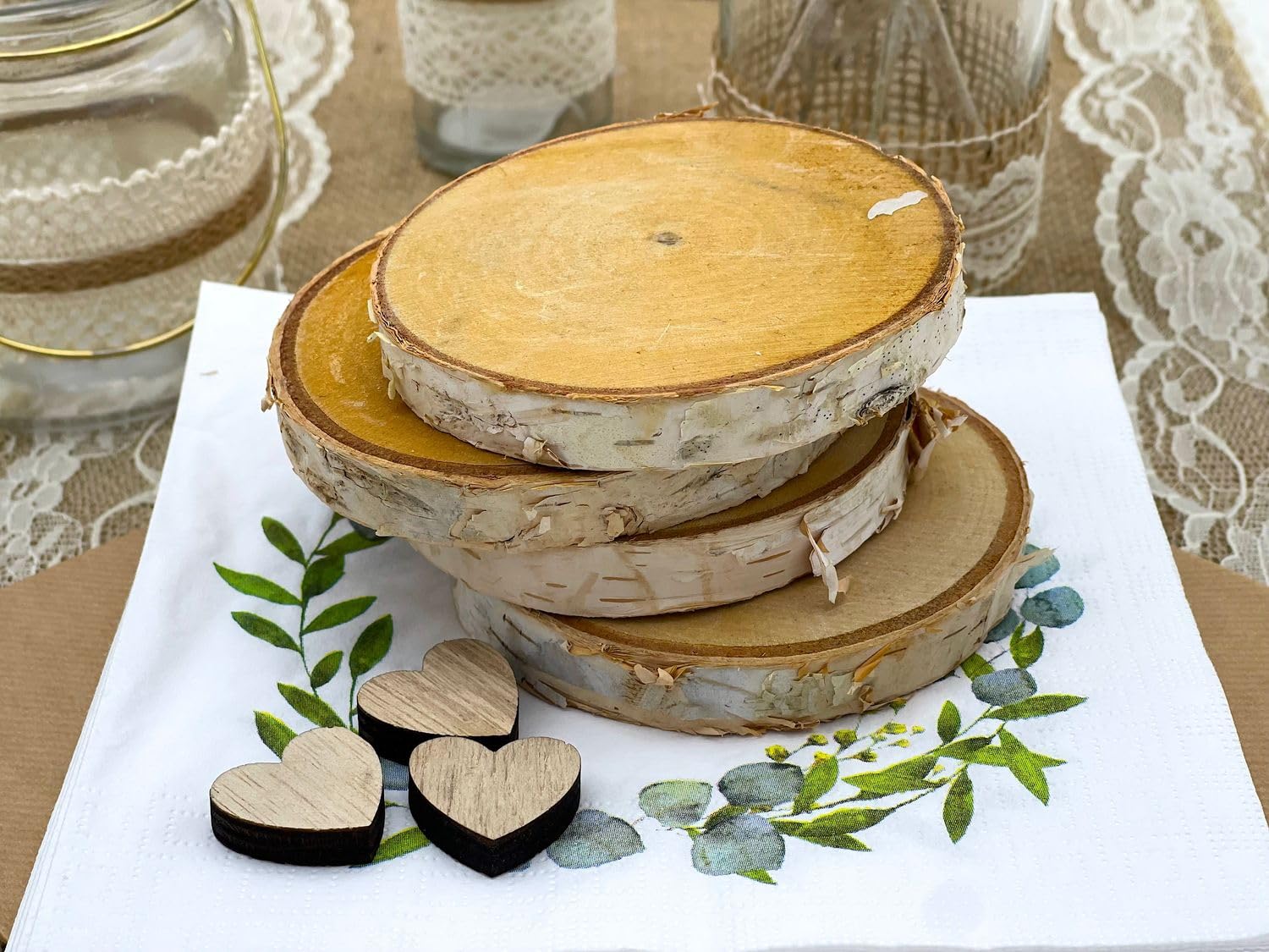 ZauberDeko Tischdeko Herz Gold Eukalyptus Holz Creme Natur Braun Spitze Hochzeit 20 Personen