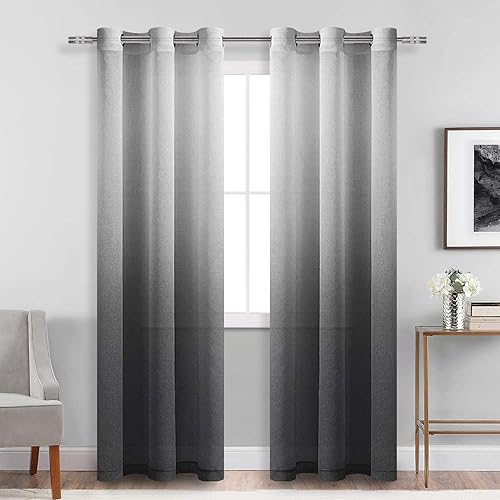 DWCN Ombre Sheer Curtains - Faux Linen Gradient Grommet Top Semi Voile Drapes for Bedroom and Living Room, Set of 2 Window Curtain Panels, 42 x 96 Inches Long, Black