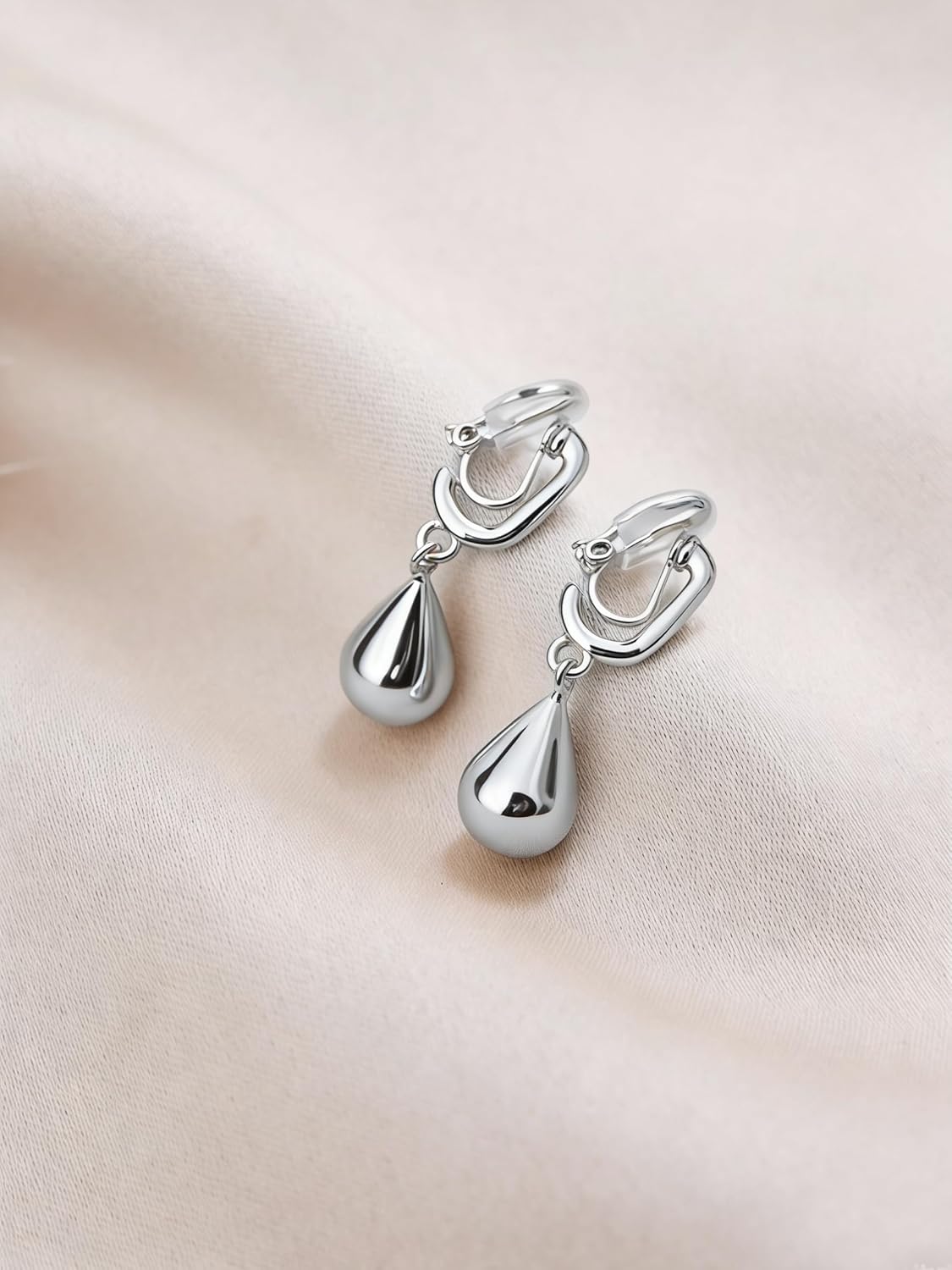 FAN&LOUIS Sliver Teardrop Clip On Earrings for Women，Non-Pierced Trendy Statement Dangle Water Drop Women's Hypoallergenic Clip-On Earrings - Image 4